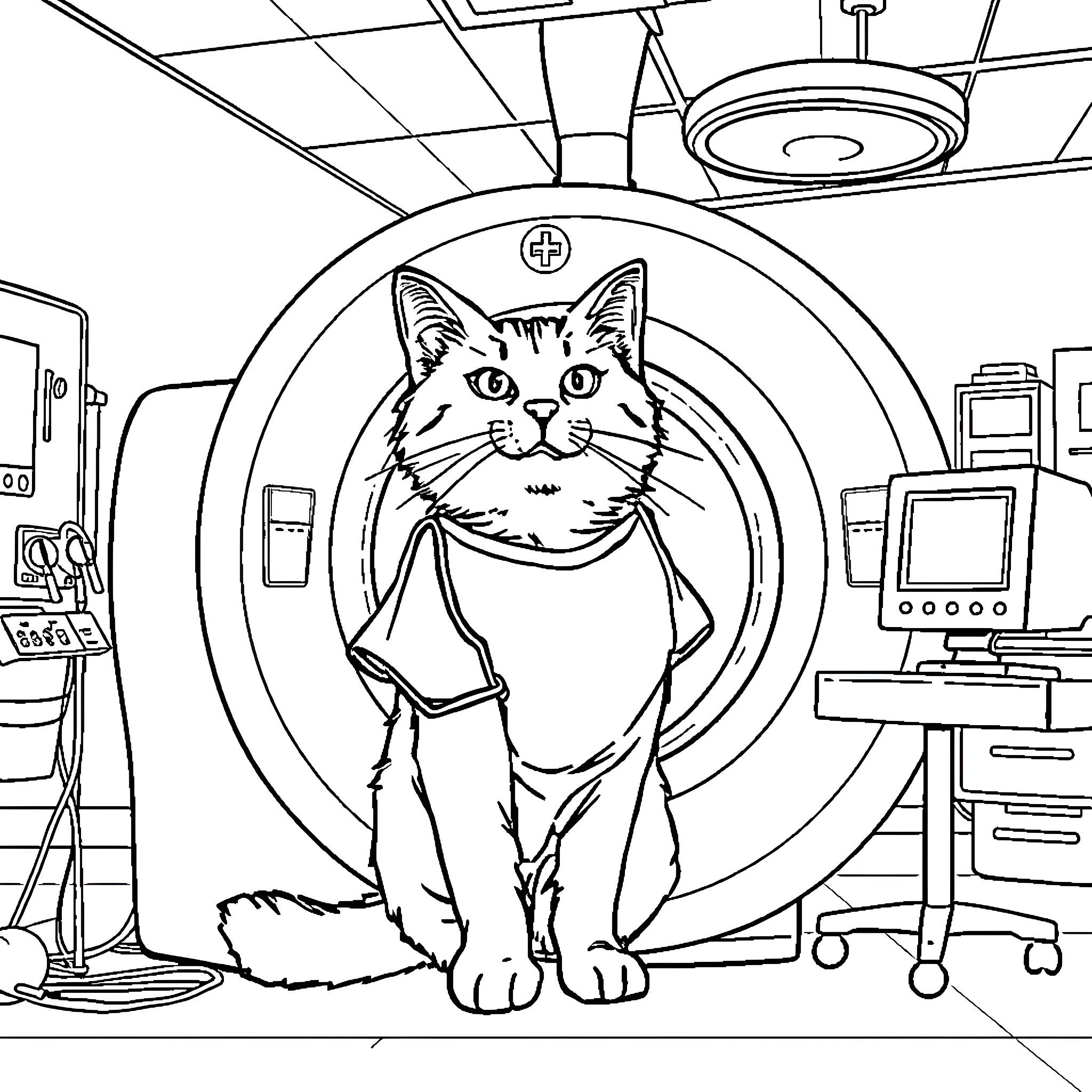Cat in a Medical Scanner Coloring Page (free black-and-white line drawing printable PDF for all, from beginners to advanced learners, including children, teens, adults, and seniors)