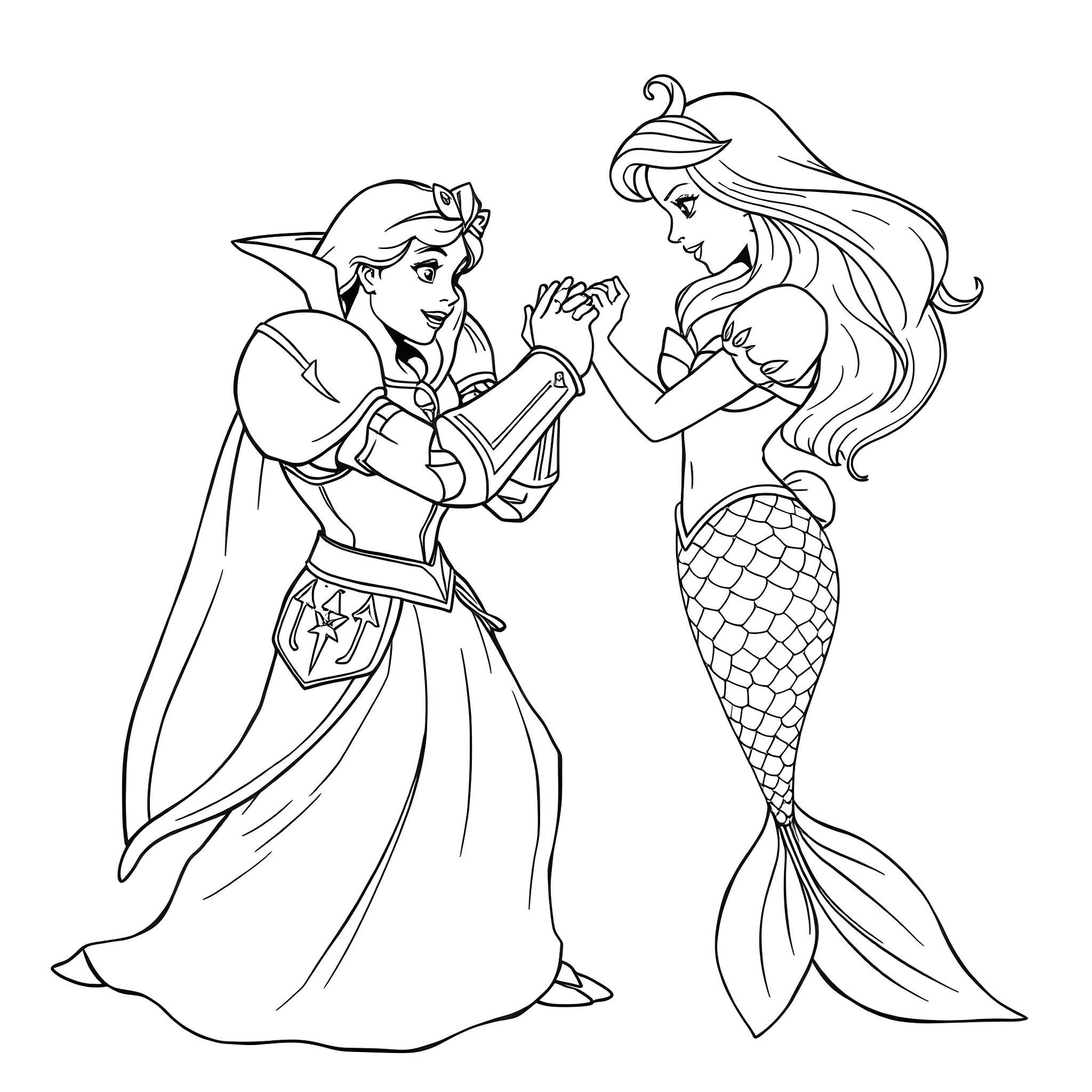 Snow White the Mermaid Princess and Prince Charming Coloring Page (free black-and-white line drawing printable PDF for all, from beginners to advanced learners, including children, teens, adults, and seniors)