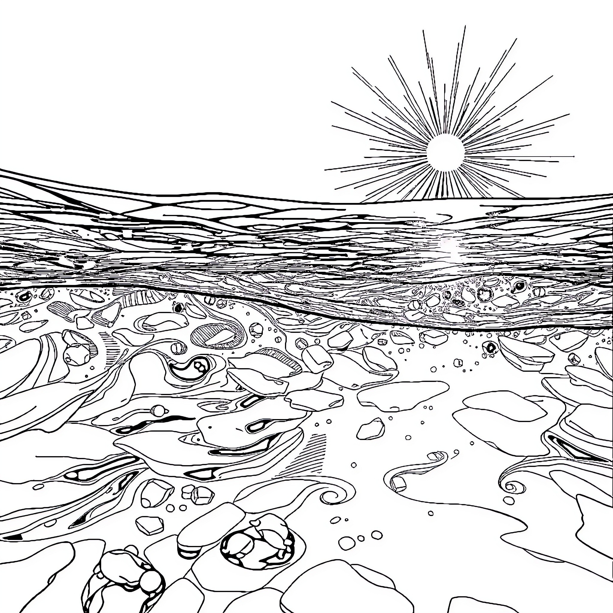 Water Landscape with Radiant Sunburst Coloring Page (free black-and-white line drawing printable PDF for all, from beginners to advanced learners, including children, teens, adults, and seniors)