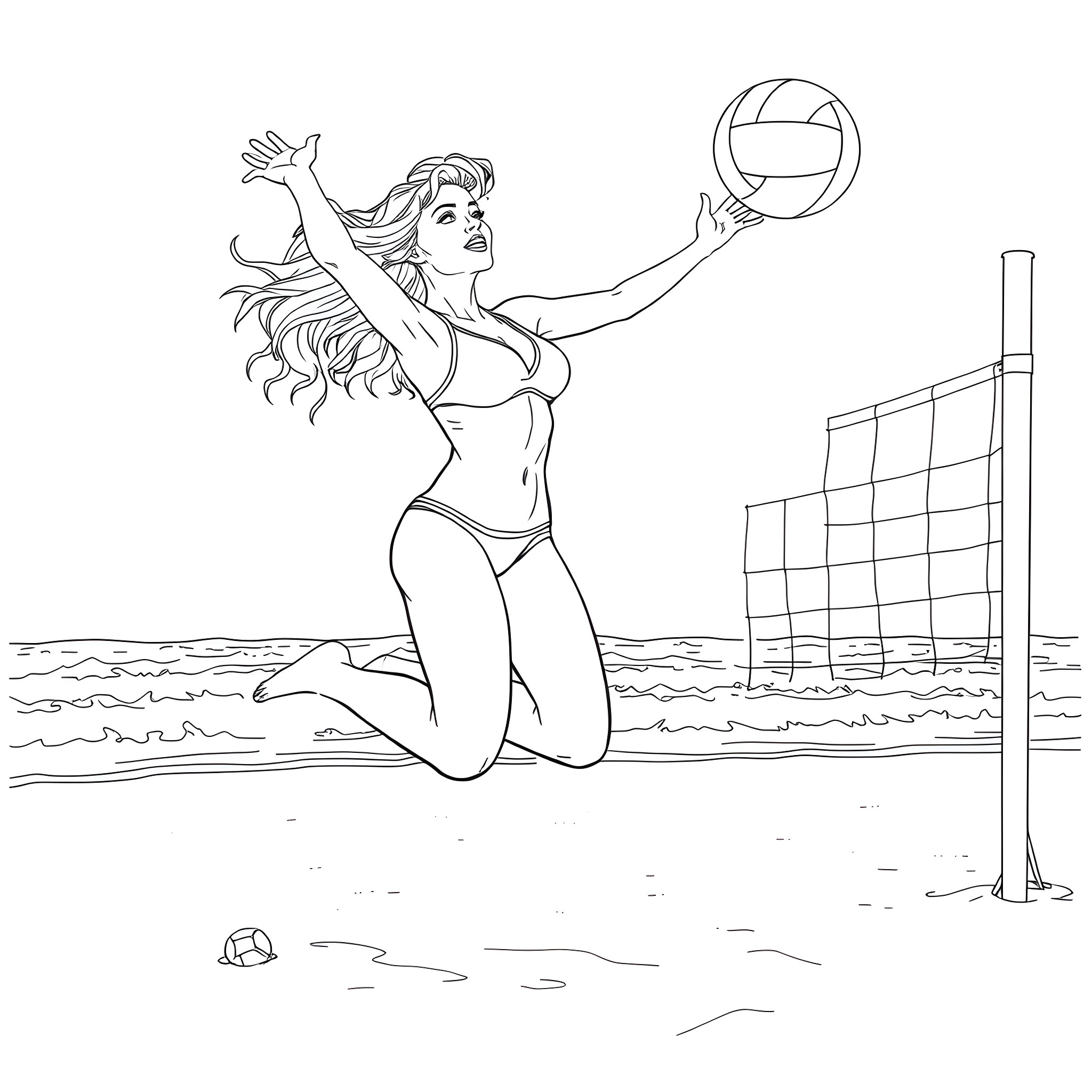 Pamela Anderson playing volleyball on the beach Coloring Page (free black-and-white line drawing printable PDF for all, from beginners to advanced learners, including children, teens, adults, and seniors)