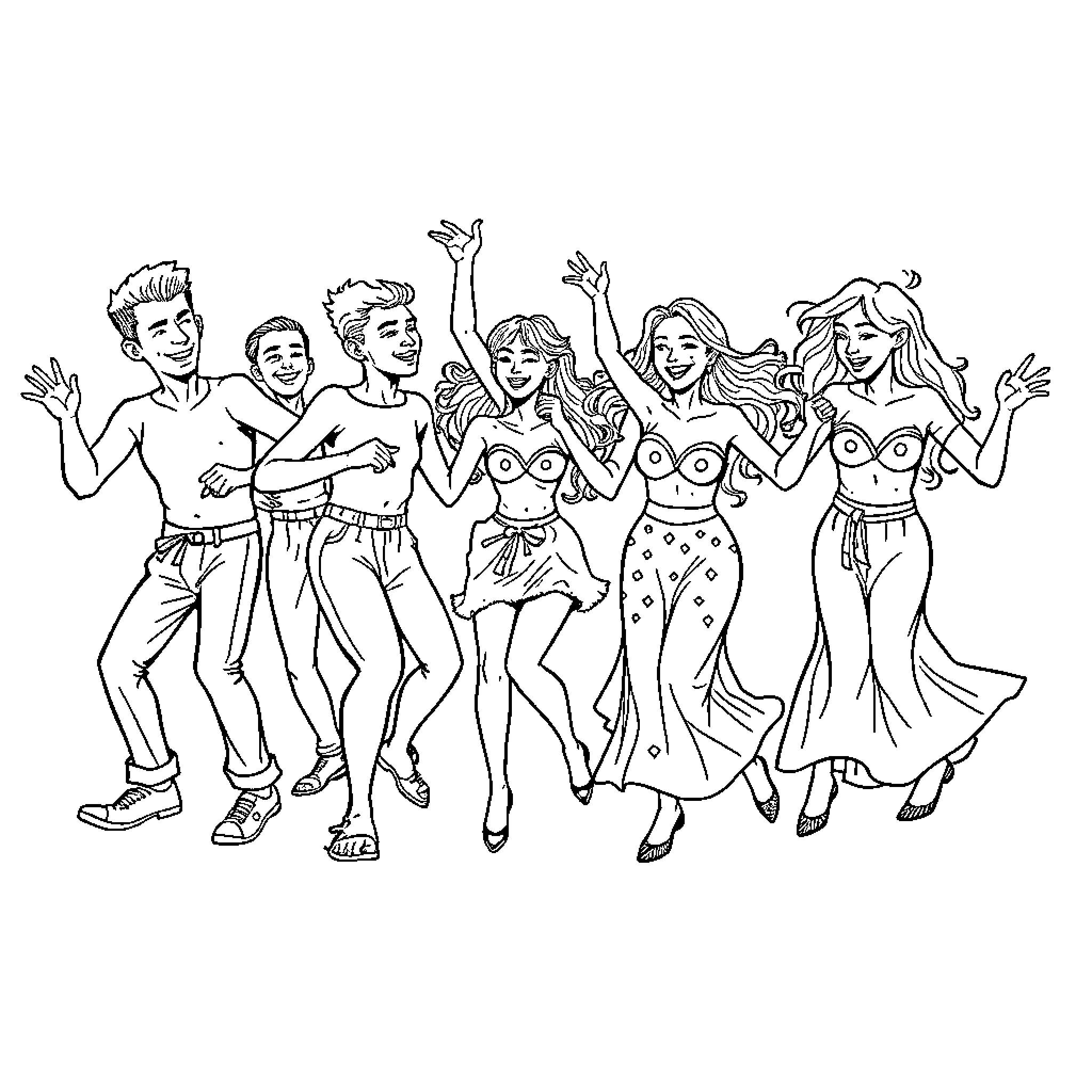 Skibidi group dance with vibrant outfits and expressions Coloring Page (free black-and-white line drawing printable PDF for all, from beginners to advanced learners, including children, teens, adults, and seniors)