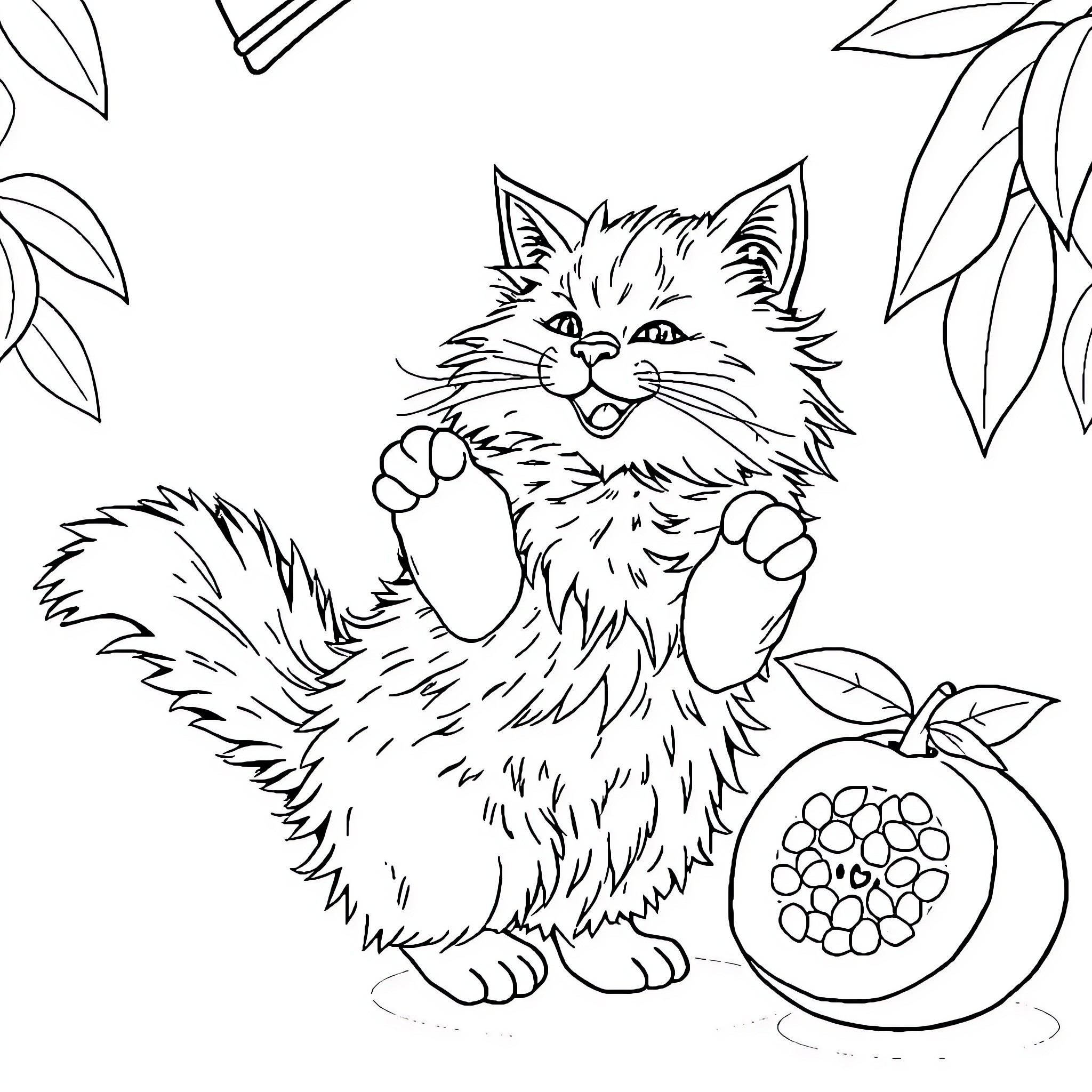Cat playing with fruit in nature Coloring Page (free black-and-white line drawing printable PDF for all, from beginners to advanced learners, including children, teens, adults, and seniors)