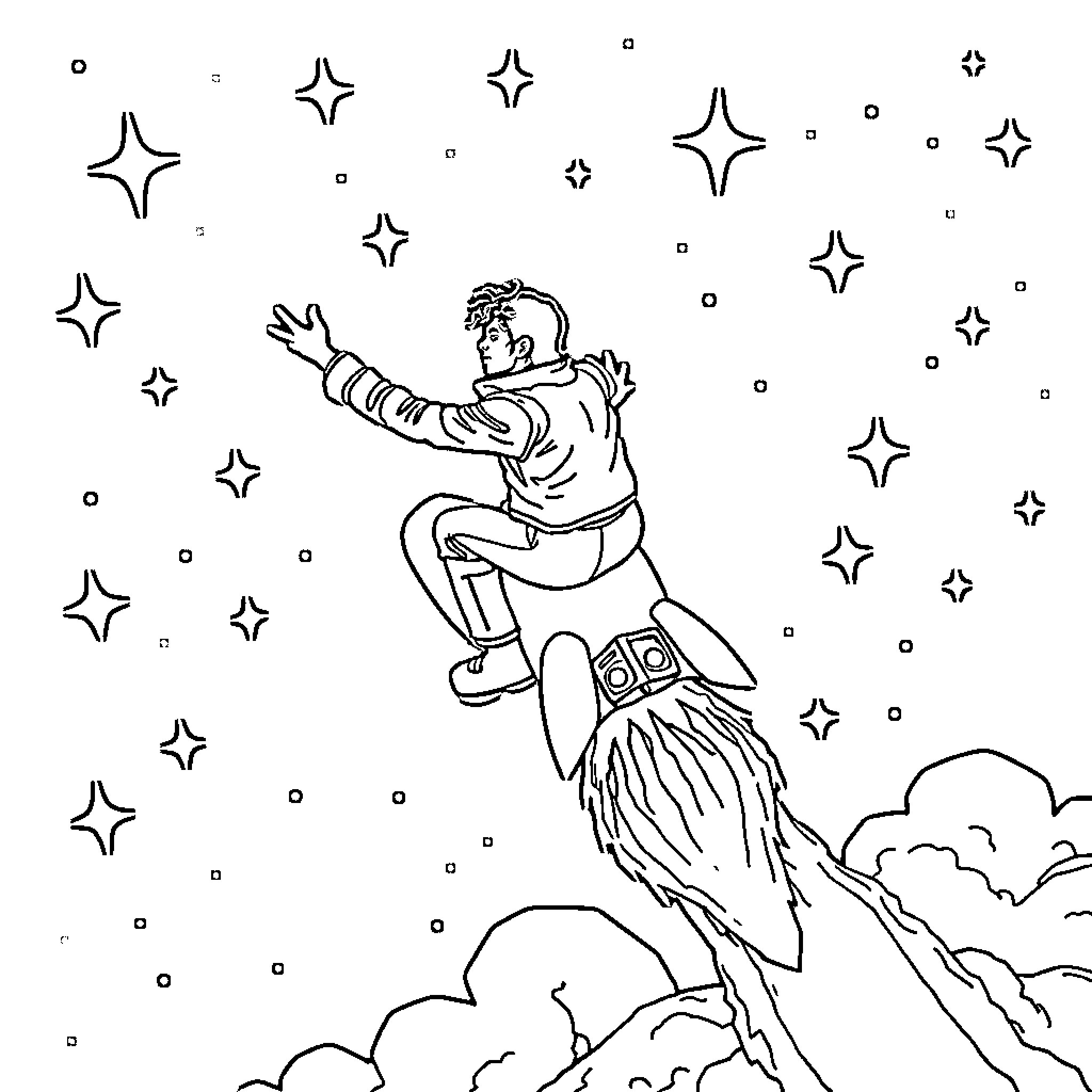 Michael Jackson dancing among the stars in the night sky Coloring Page (free black-and-white line drawing printable PDF for all, from beginners to advanced learners, including children, teens, adults, and seniors)