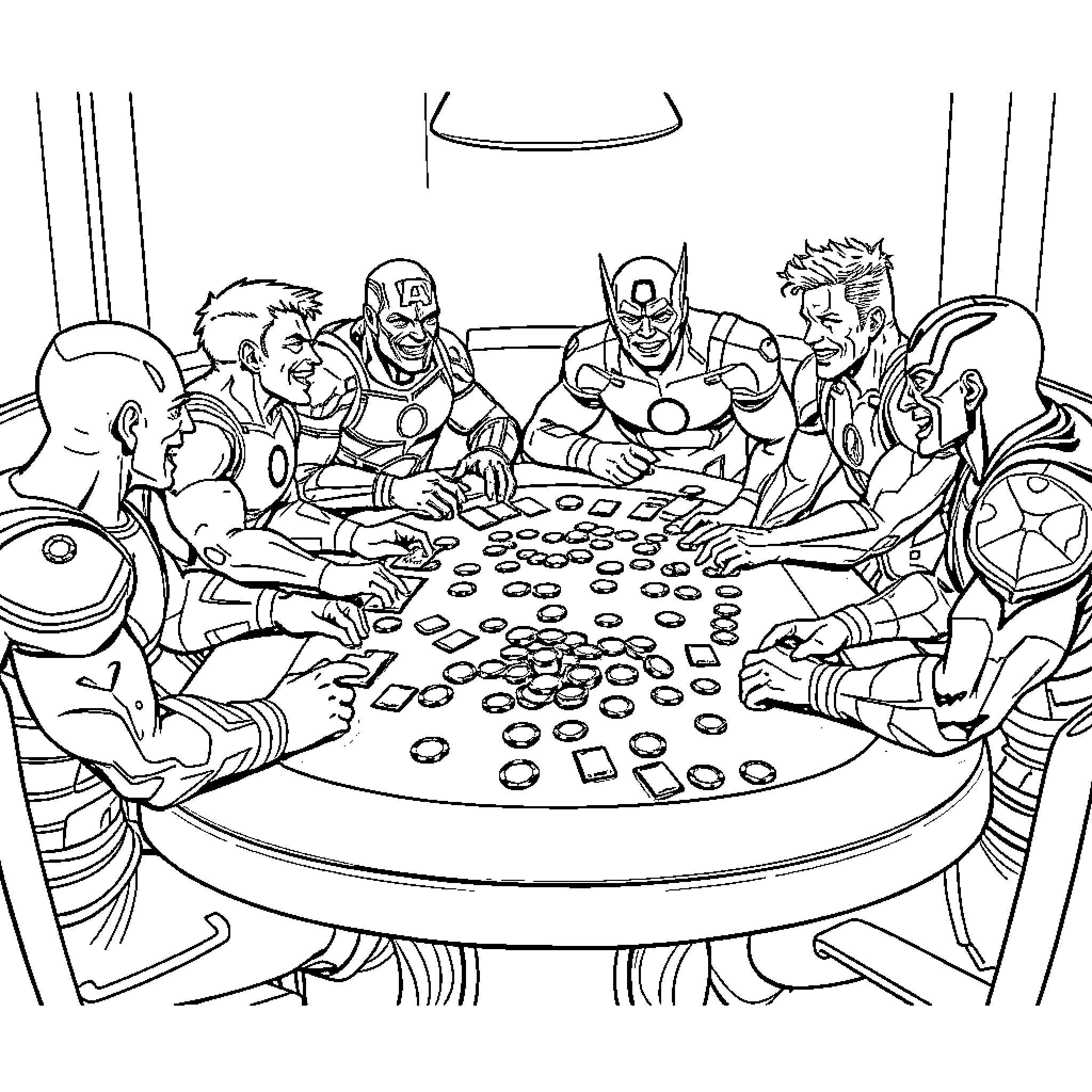Avenger Heroes Gather for Tactical Briefing Coloring Page (free black-and-white line drawing printable PDF for all, from beginners to advanced learners, including children, teens, adults, and seniors)