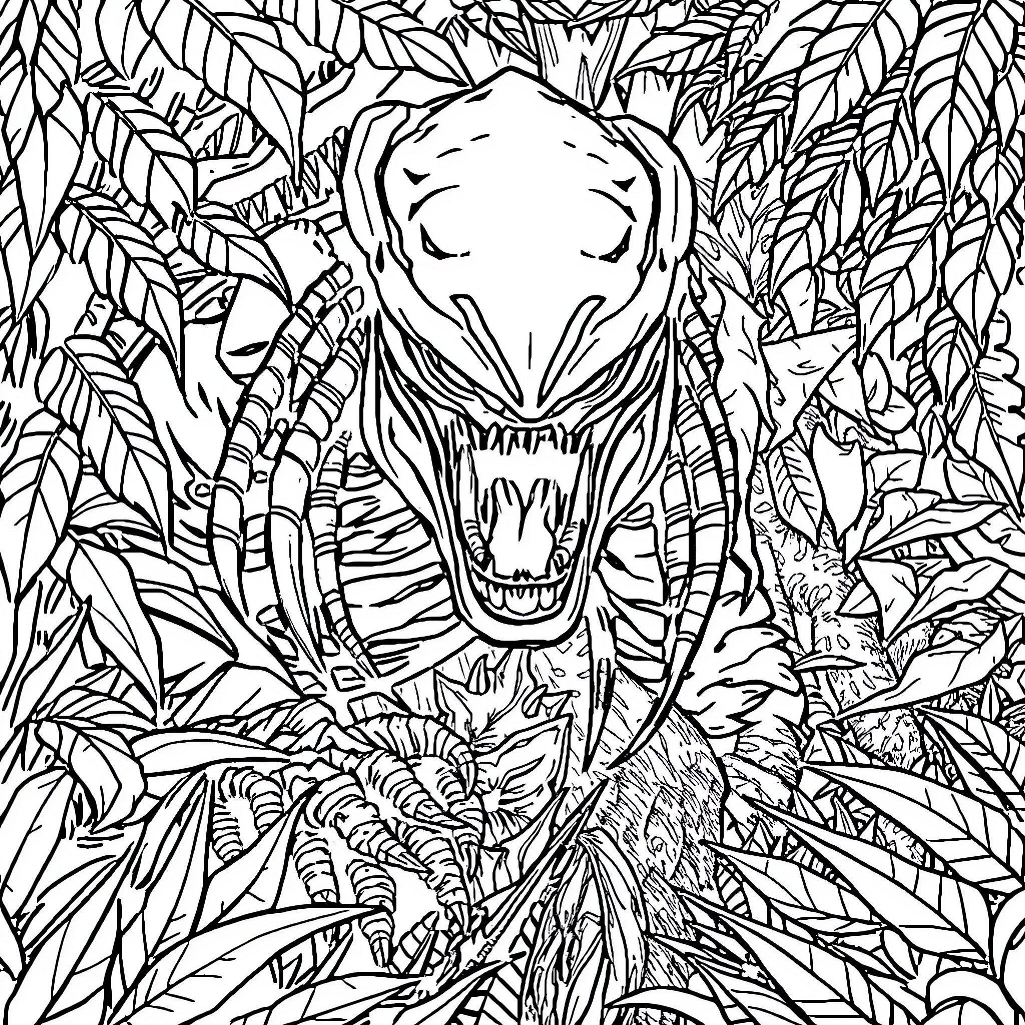 Predator lurking in the dense jungle foliage Coloring Page (free black-and-white line drawing printable PDF for all, from beginners to advanced learners, including children, teens, adults, and seniors)