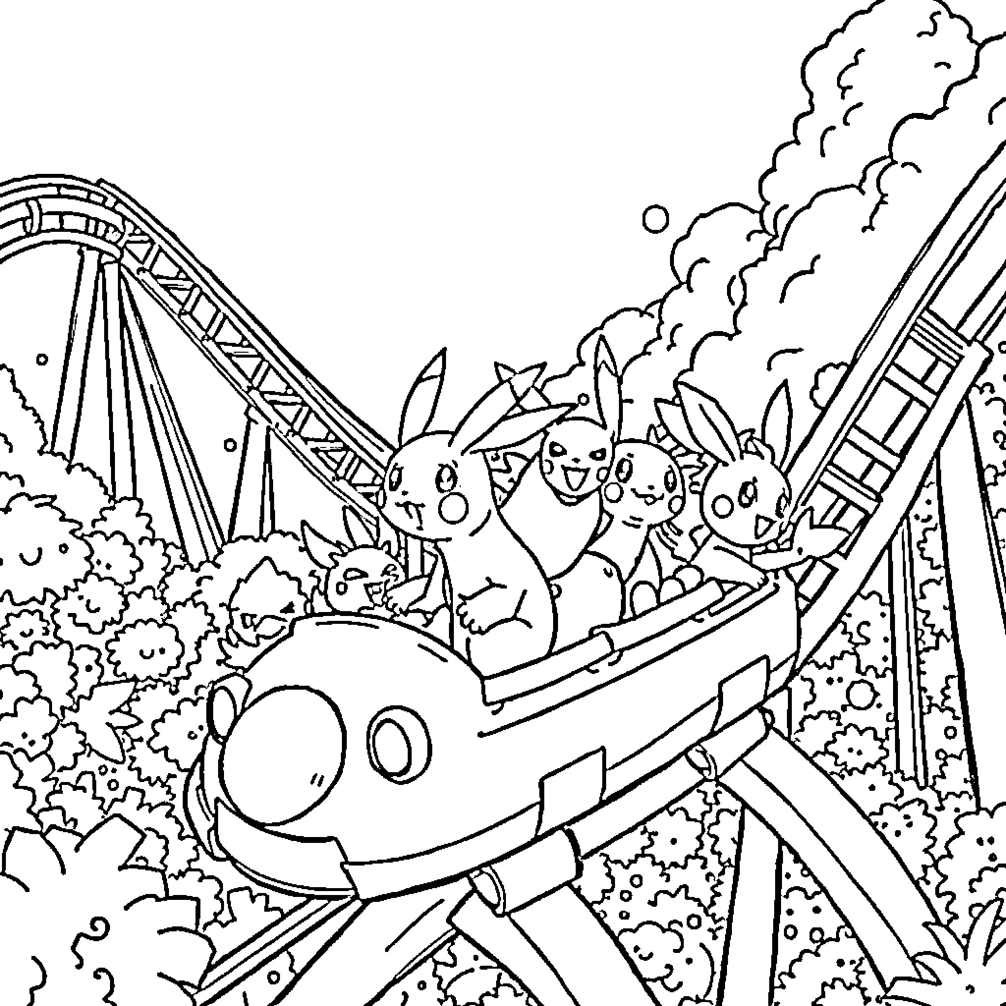 Pokémon characters enjoying a thrilling roller coaster ride Coloring Page (free black-and-white line drawing printable PDF for all, from beginners to advanced learners, including children, teens, adults, and seniors)