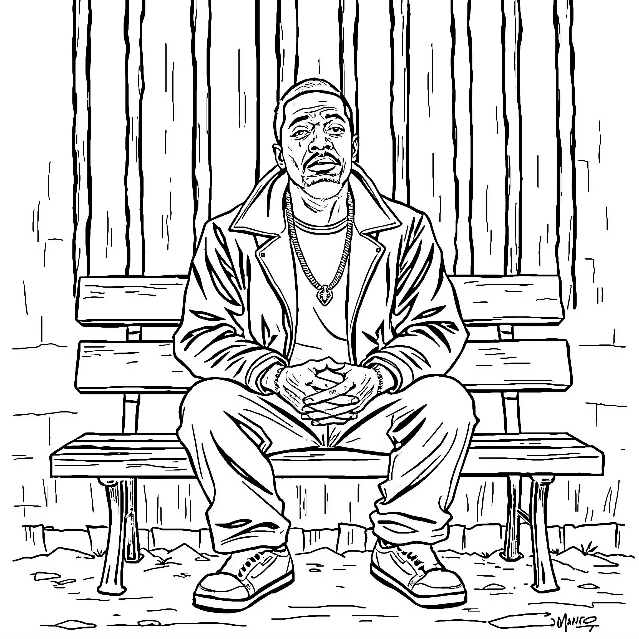 Diddy sitting patiently on a park bench Coloring Page (free black-and-white line drawing printable PDF for all, from beginners to advanced learners, including children, teens, adults, and seniors)