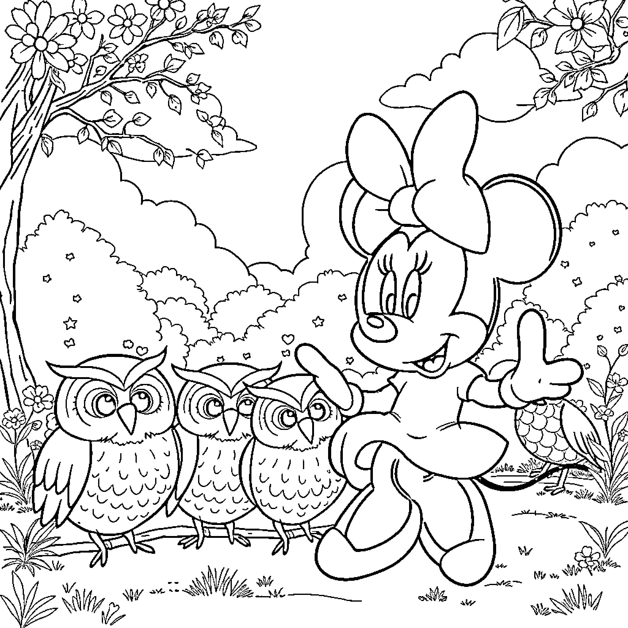 Minnie Mouse interacting with owls in a floral garden Coloring Page (free black-and-white line drawing printable PDF for all, from beginners to advanced learners, including children, teens, adults, and seniors)