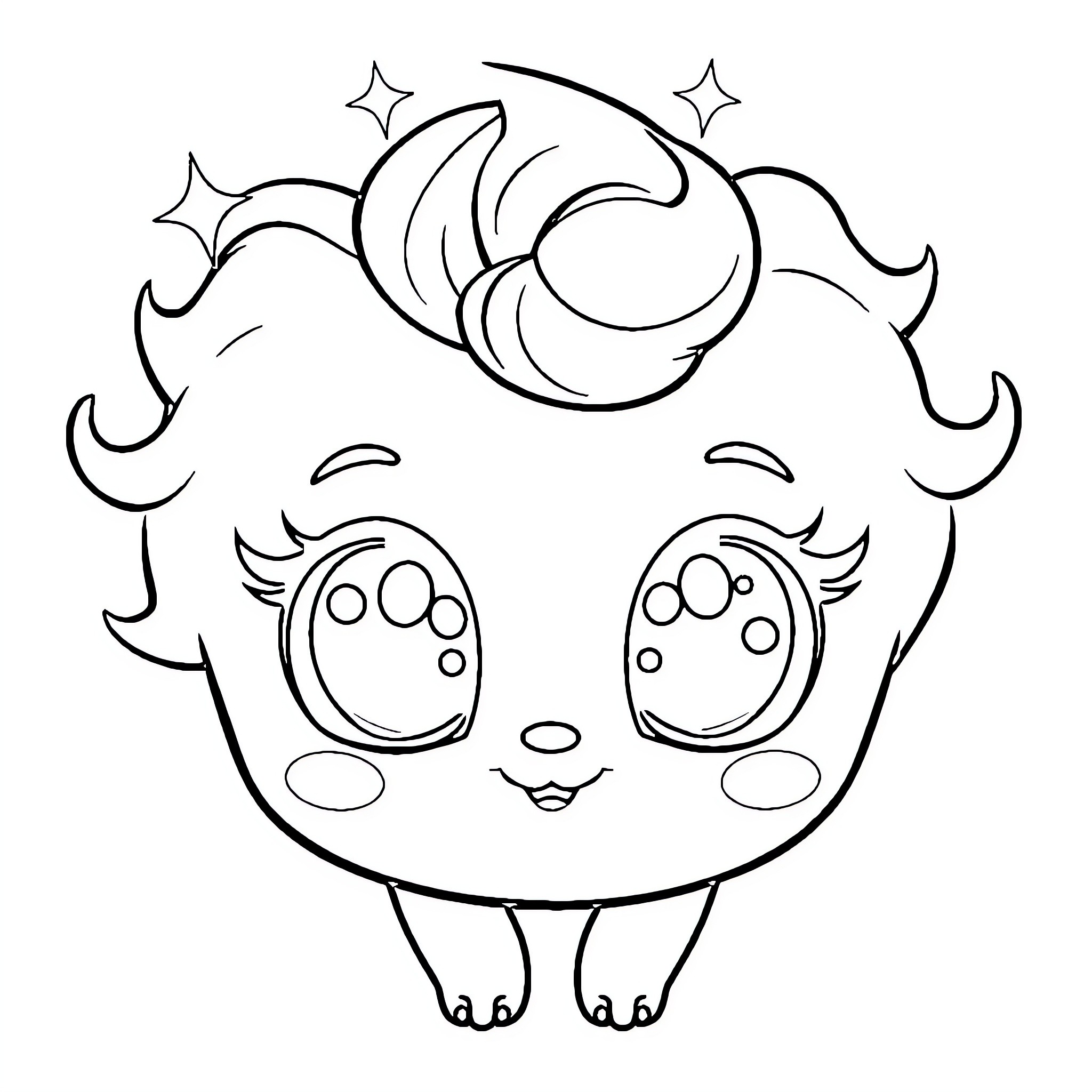 Kawaii Celestial Creature with Whimsical Expression Coloring Page (free black-and-white line drawing printable PDF for all, from beginners to advanced learners, including children, teens, adults, and seniors)
