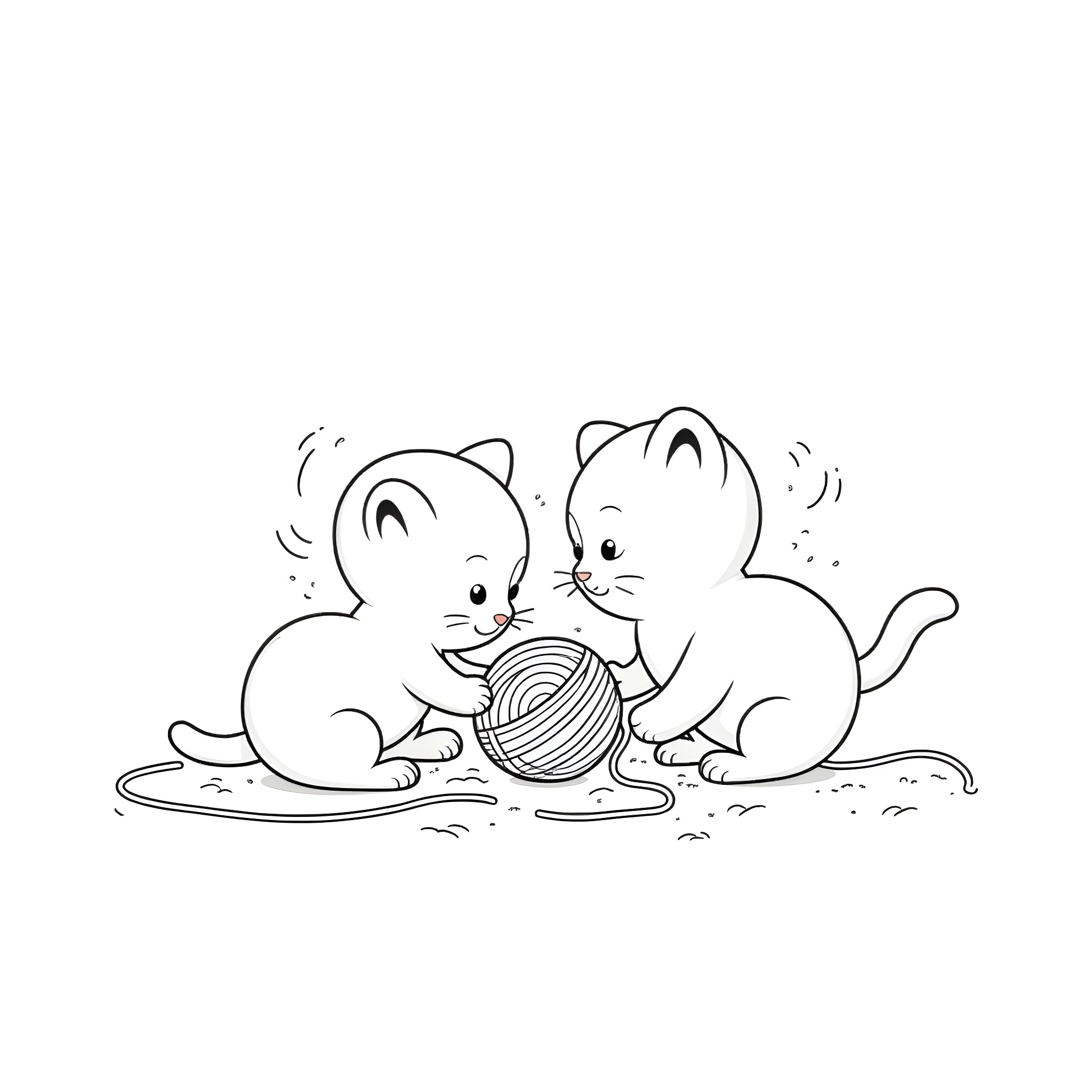 Kittens playing with yarn ball Coloring Page (free black-and-white line drawing printable PDF for all, from beginners to advanced learners, including children, teens, adults, and seniors)