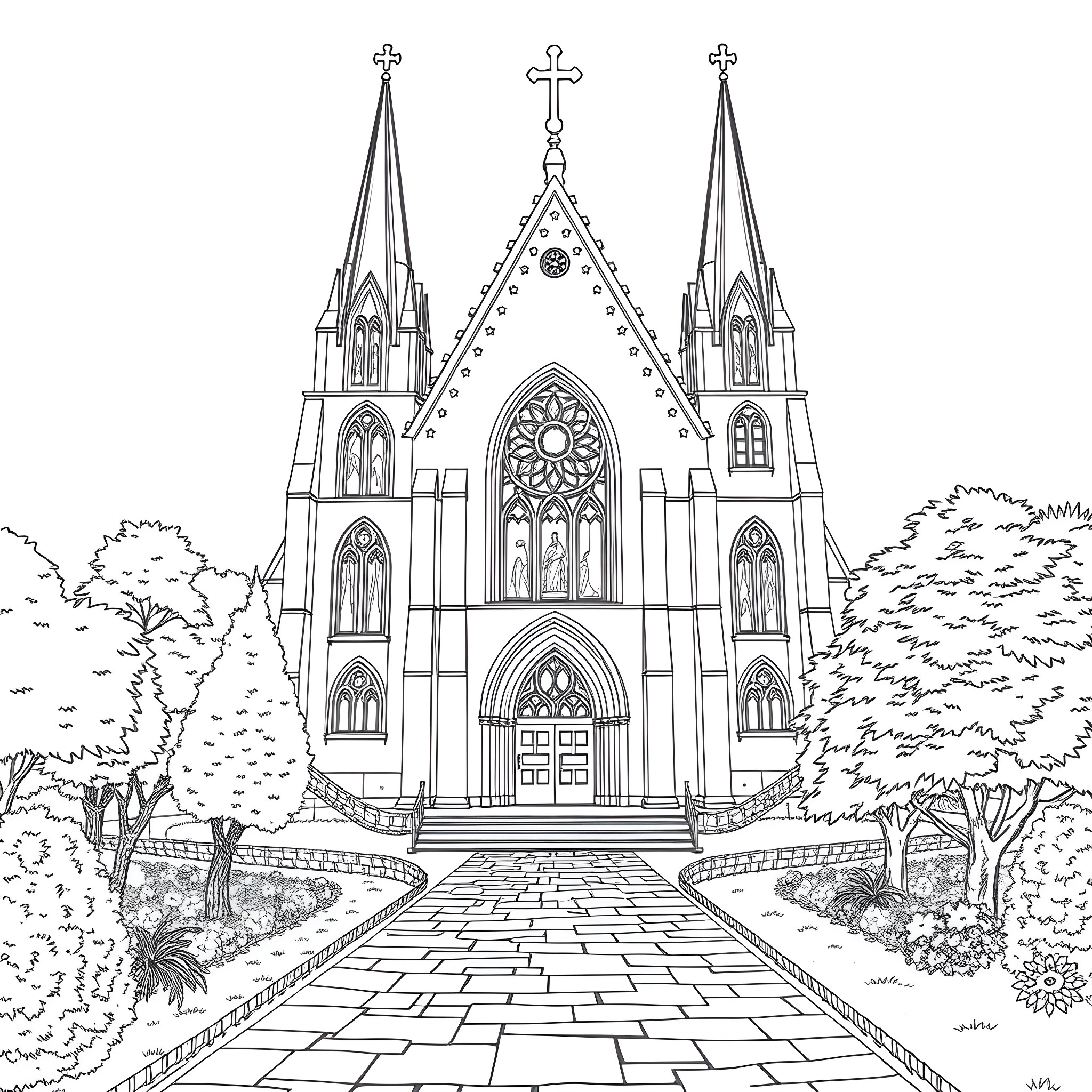 Holy Trinity Church with grand entrance and towering spires Coloring Page (free black-and-white line drawing printable PDF for all, from beginners to advanced learners, including children, teens, adults, and seniors)