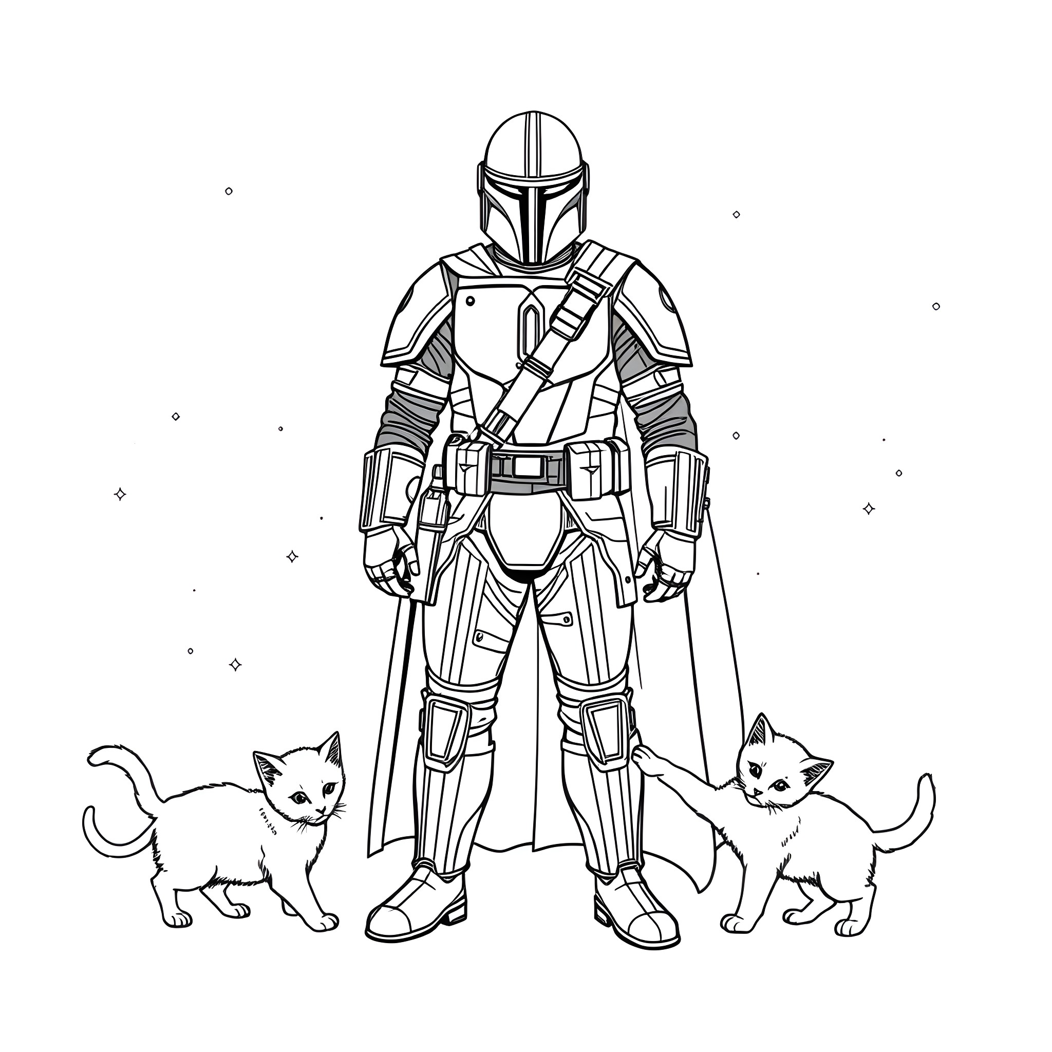 Mandalorian warrior with adorable kittens Coloring Page (free black-and-white line drawing printable PDF for all, from beginners to advanced learners, including children, teens, adults, and seniors)