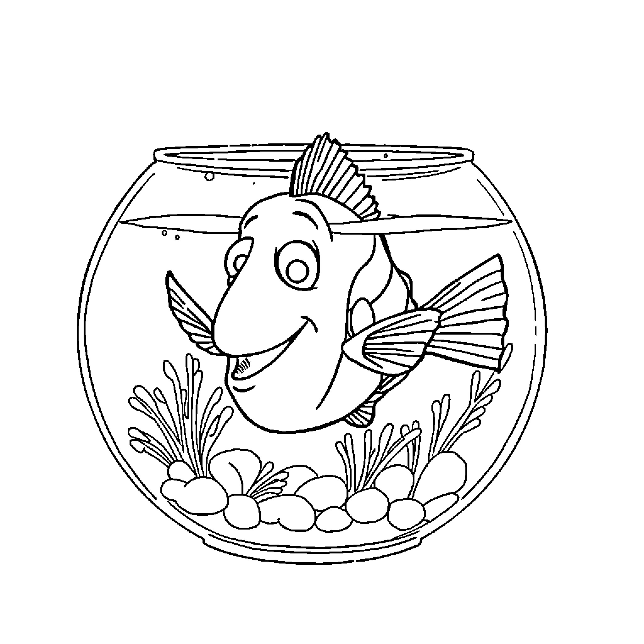 Nemo swimming happily in his fishbowl Coloring Page (free black-and-white line drawing printable PDF for all, from beginners to advanced learners, including children, teens, adults, and seniors)