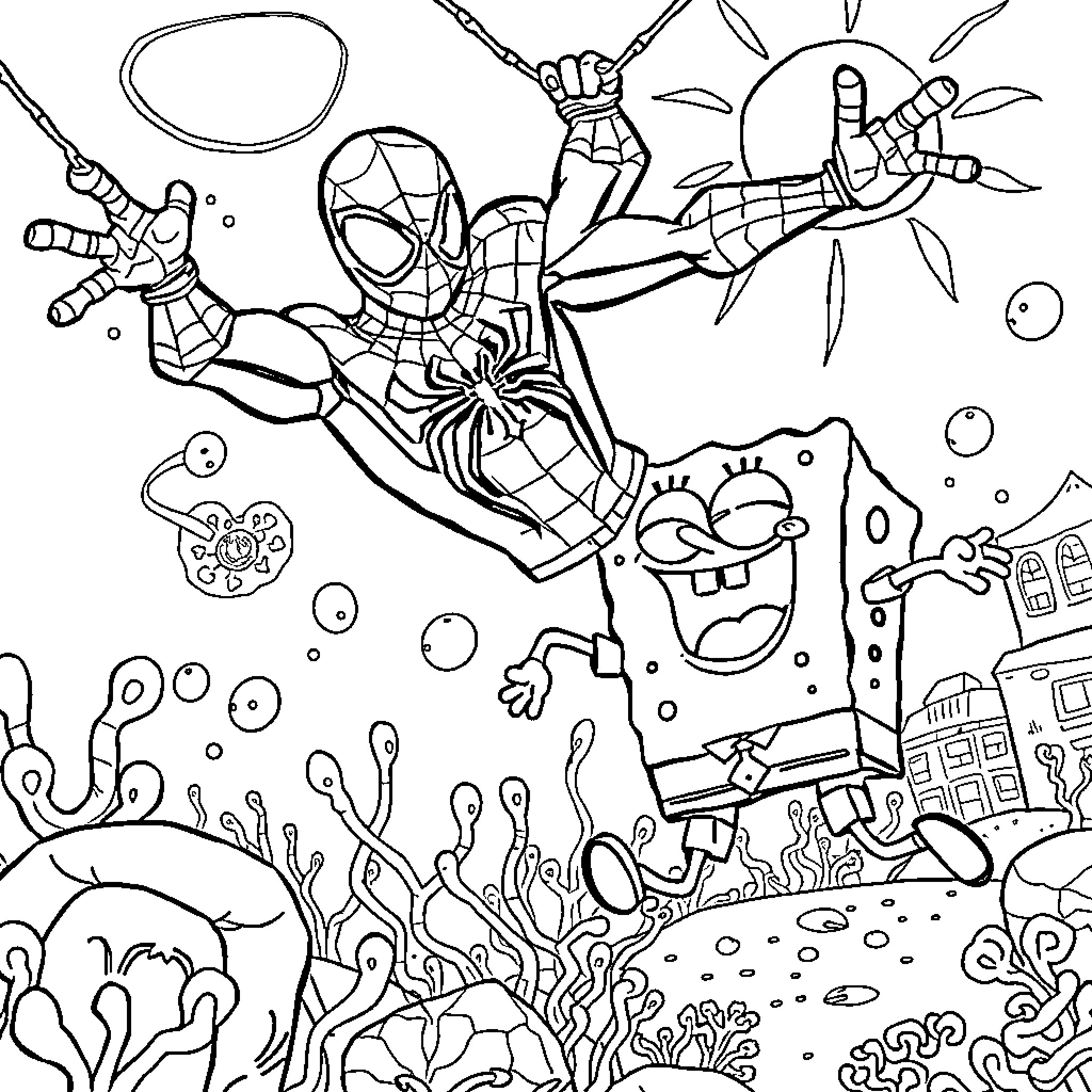 Spiderman Swinging Through a Fantastical Underwater Scene Coloring Page (free black-and-white line drawing printable PDF for all, from beginners to advanced learners, including children, teens, adults, and seniors)