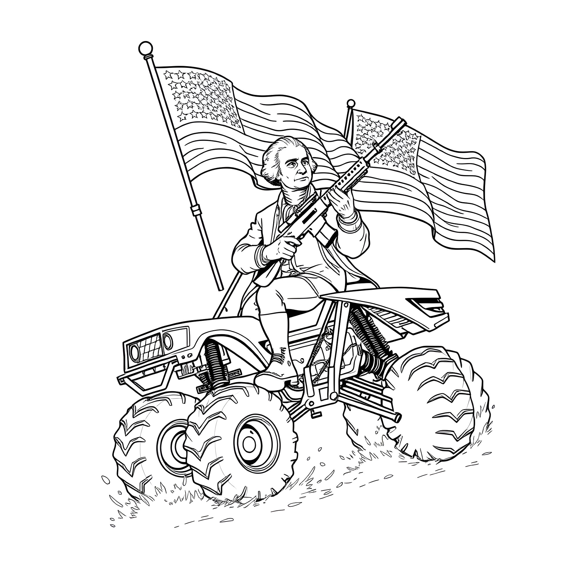 George Washington riding a tractor with American flag Coloring Page (free black-and-white line drawing printable PDF for all, from beginners to advanced learners, including children, teens, adults, and seniors)