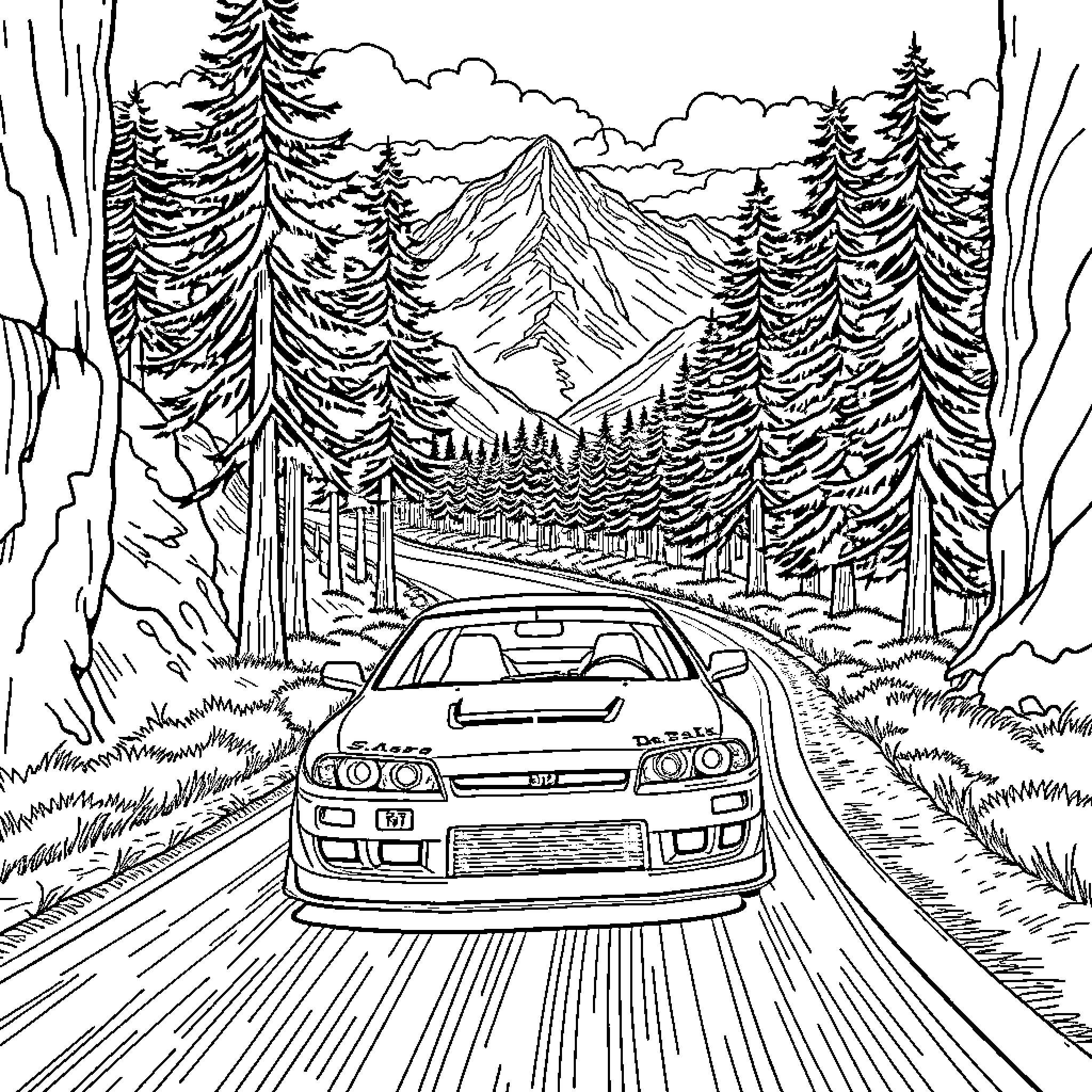JDM sports car racing through forest landscape Coloring Page (free black-and-white line drawing printable PDF for all, from beginners to advanced learners, including children, teens, adults, and seniors)