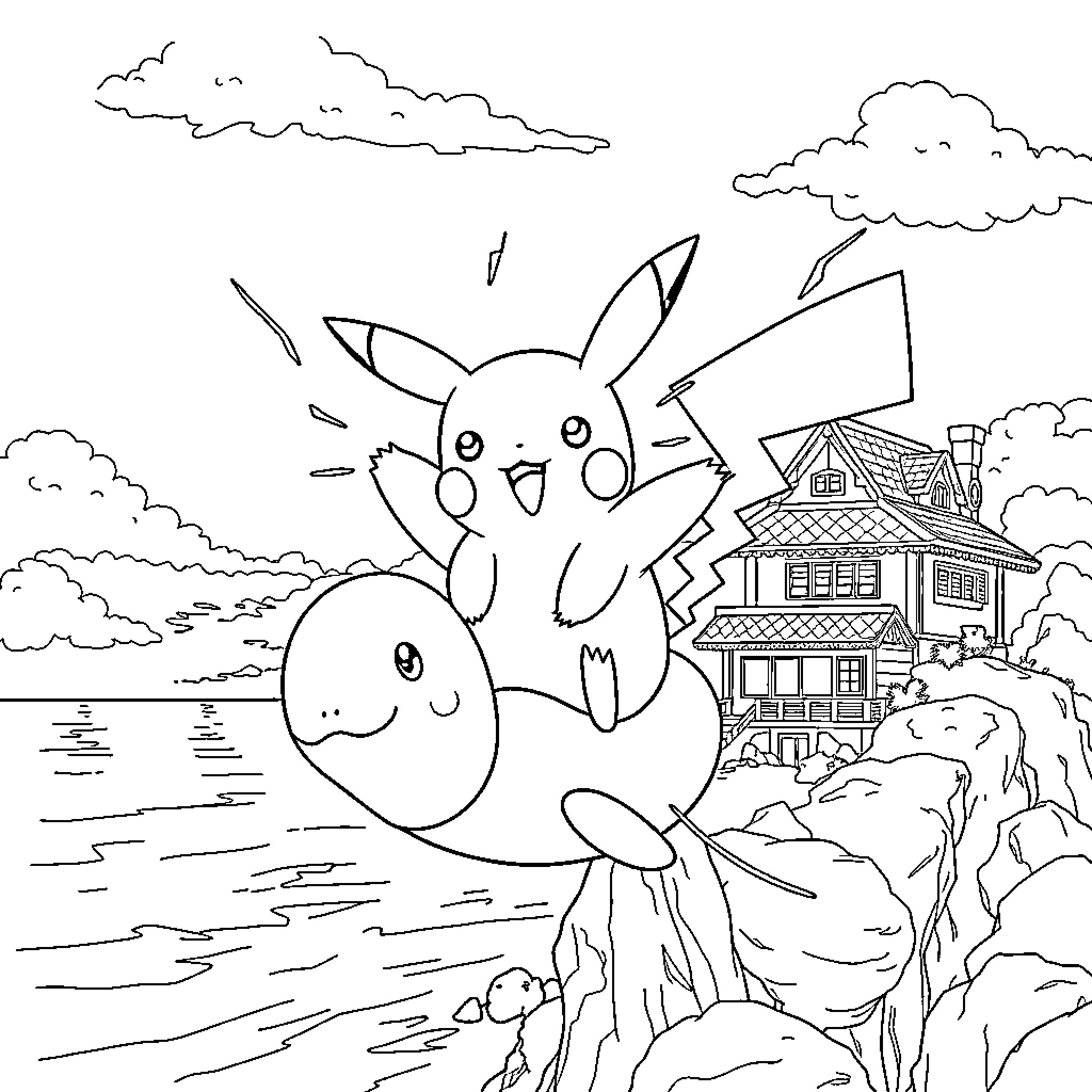 Pikachu playing near a seaside house Coloring Page (free black-and-white line drawing printable PDF for all, from beginners to advanced learners, including children, teens, adults, and seniors)