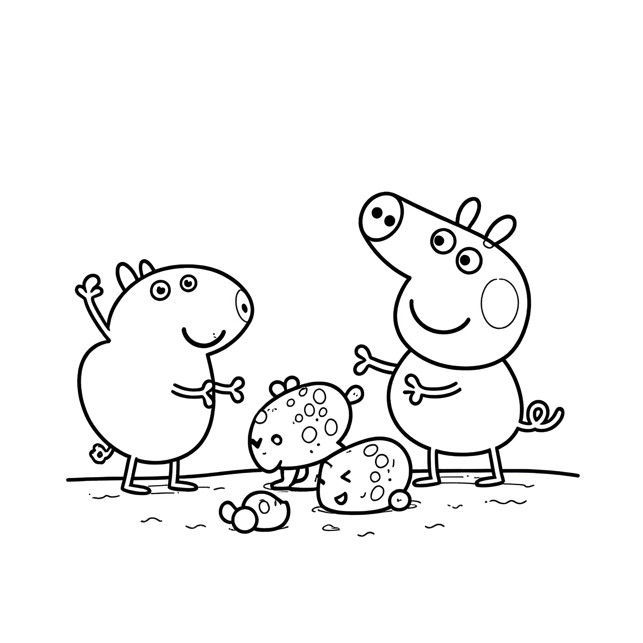 Peppa Pig and her friends playing together Coloring Page (free black-and-white line drawing printable PDF for all, from beginners to advanced learners, including children, teens, adults, and seniors)