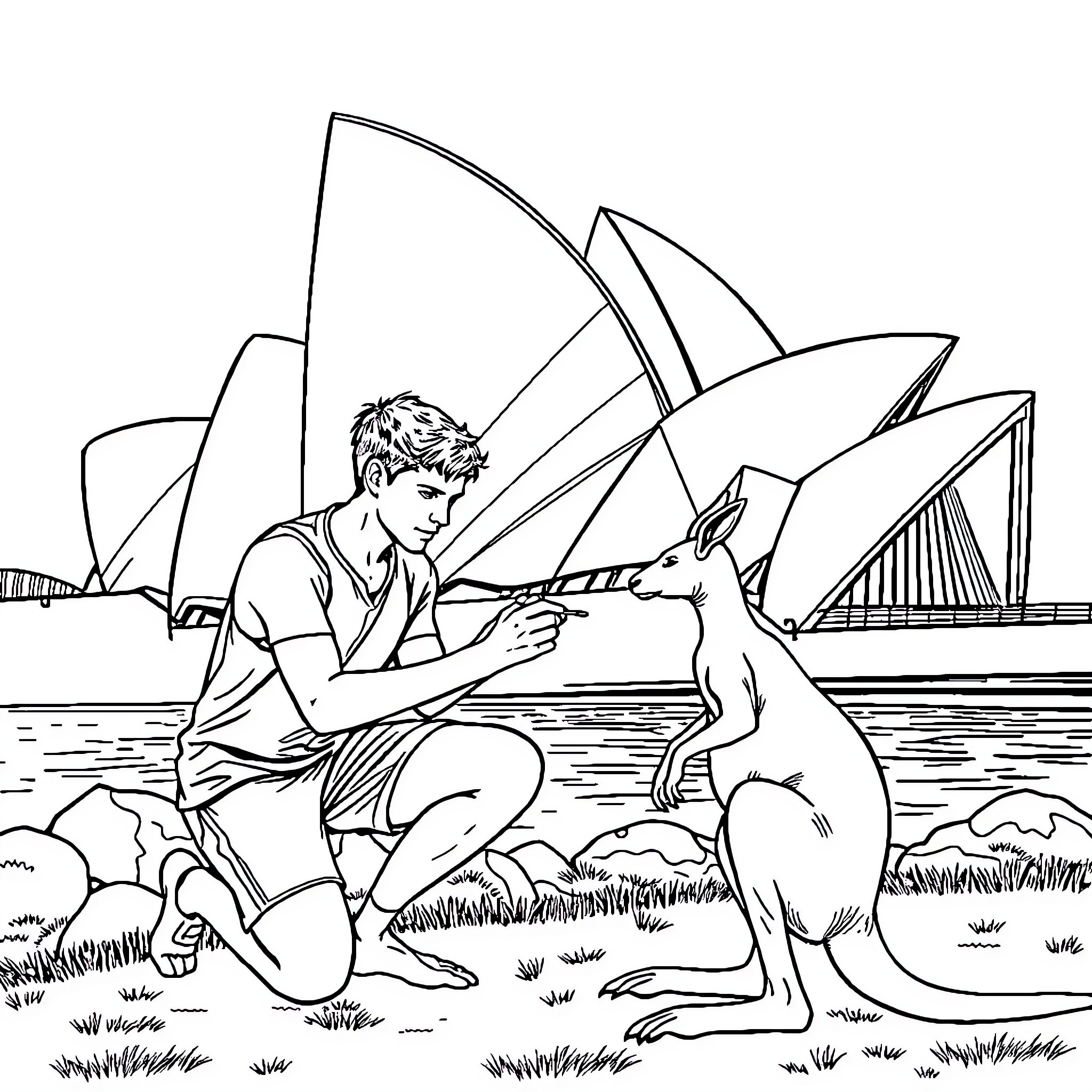 Kangaroo and person interacting in front of iconic landmark Coloring Page (free black-and-white line drawing printable PDF for all, from beginners to advanced learners, including children, teens, adults, and seniors)
