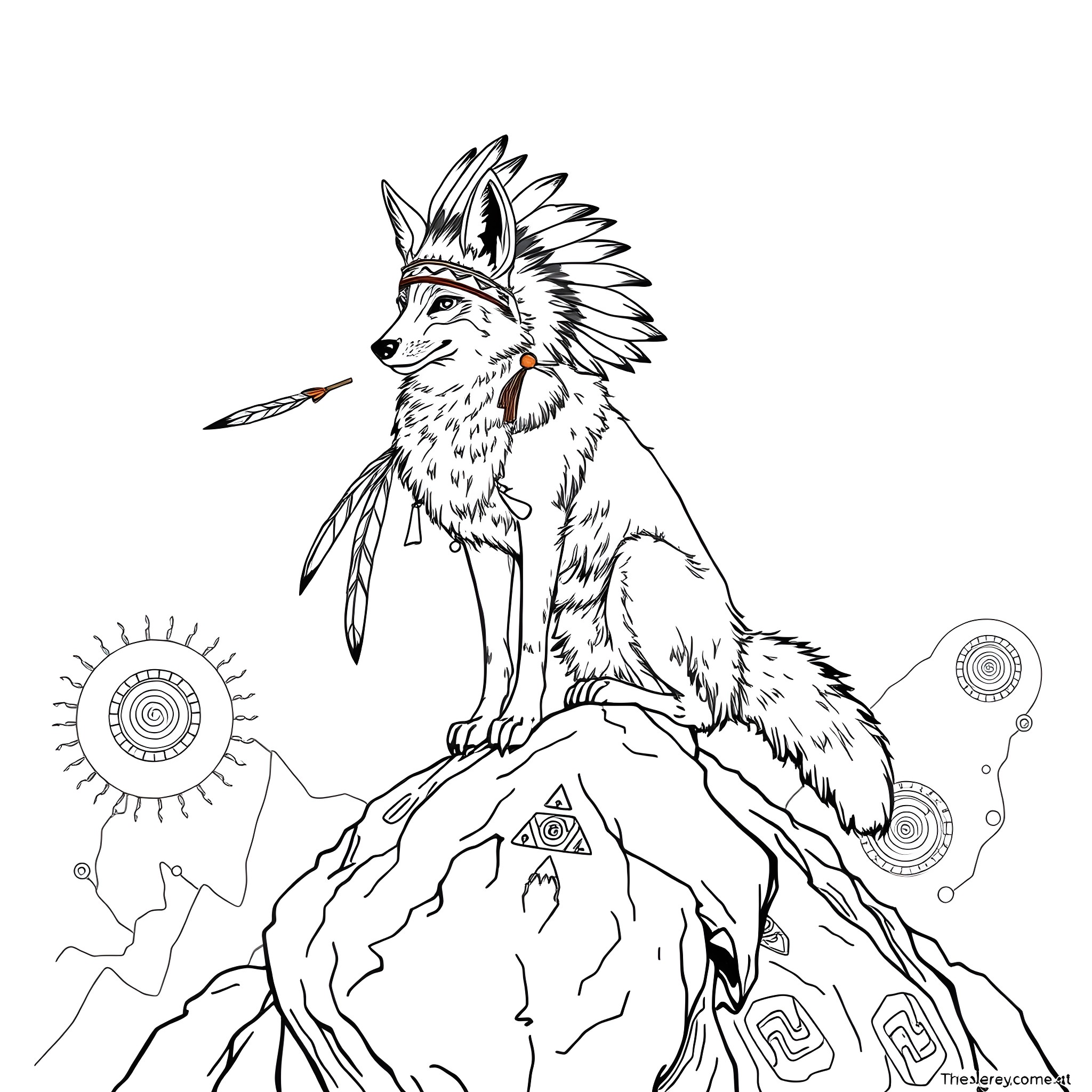 Coyote proudly perched on a rocky mountain Coloring Page (free black-and-white line drawing printable PDF for all, from beginners to advanced learners, including children, teens, adults, and seniors)