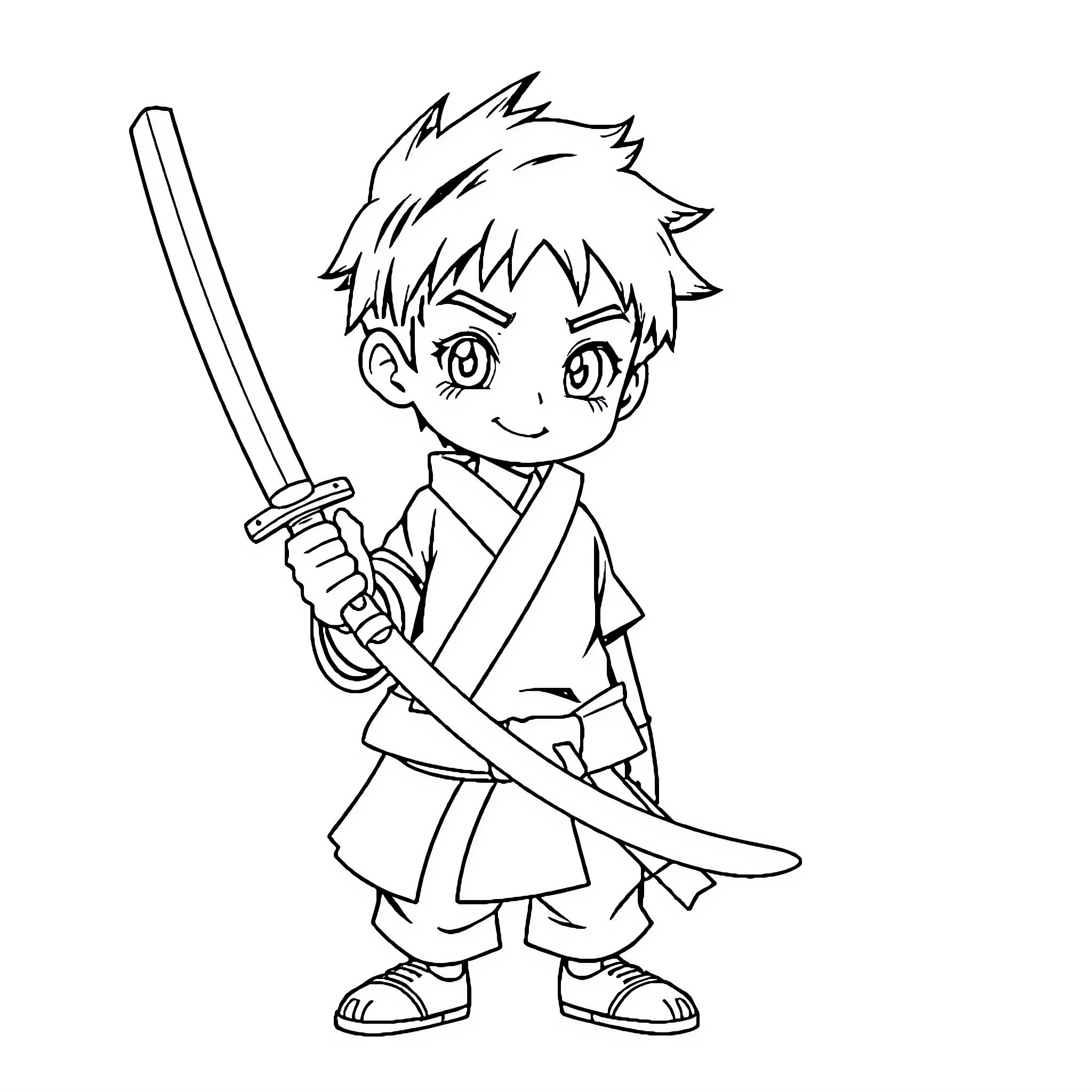 Tanjiro Wielding Sword in Warrior Outfit Coloring Page (free black-and-white line drawing printable PDF for all, from beginners to advanced learners, including children, teens, adults, and seniors)