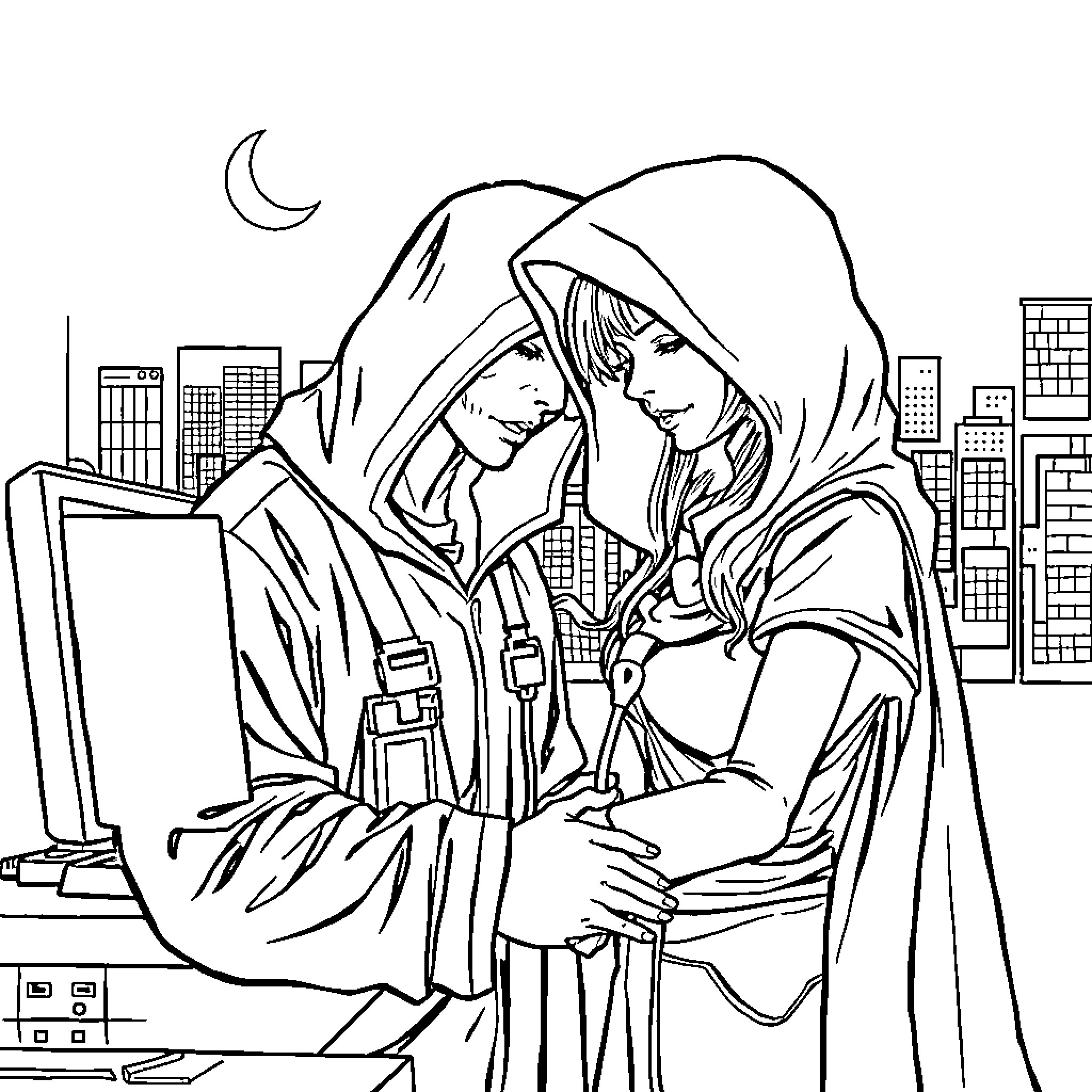 Sleep Token: Hooded figures embrace in night city Coloring Page (free black-and-white line drawing printable PDF for all, from beginners to advanced learners, including children, teens, adults, and seniors)