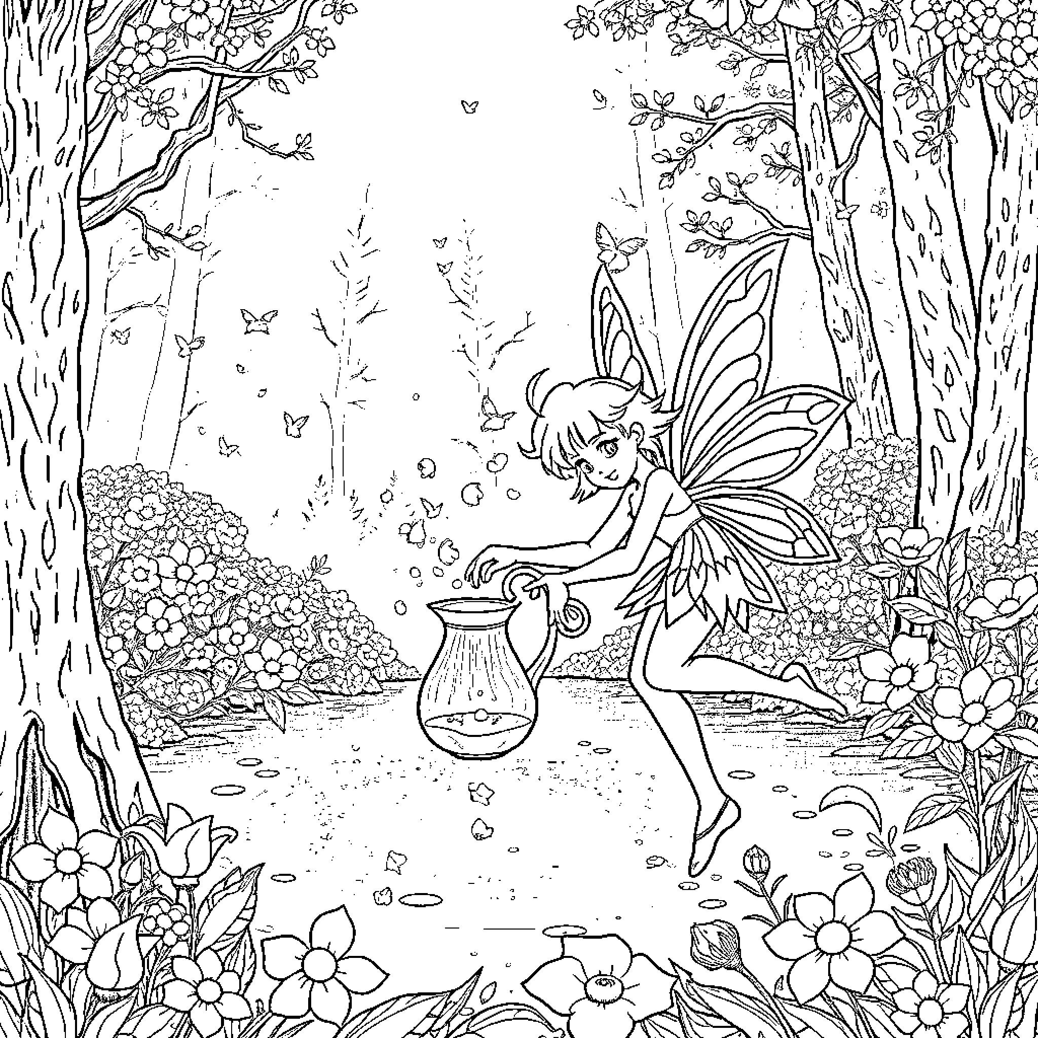 Pixie's Magical Enchanted Forest Adventure Coloring Page (free black-and-white line drawing printable PDF for all, from beginners to advanced learners, including children, teens, adults, and seniors)