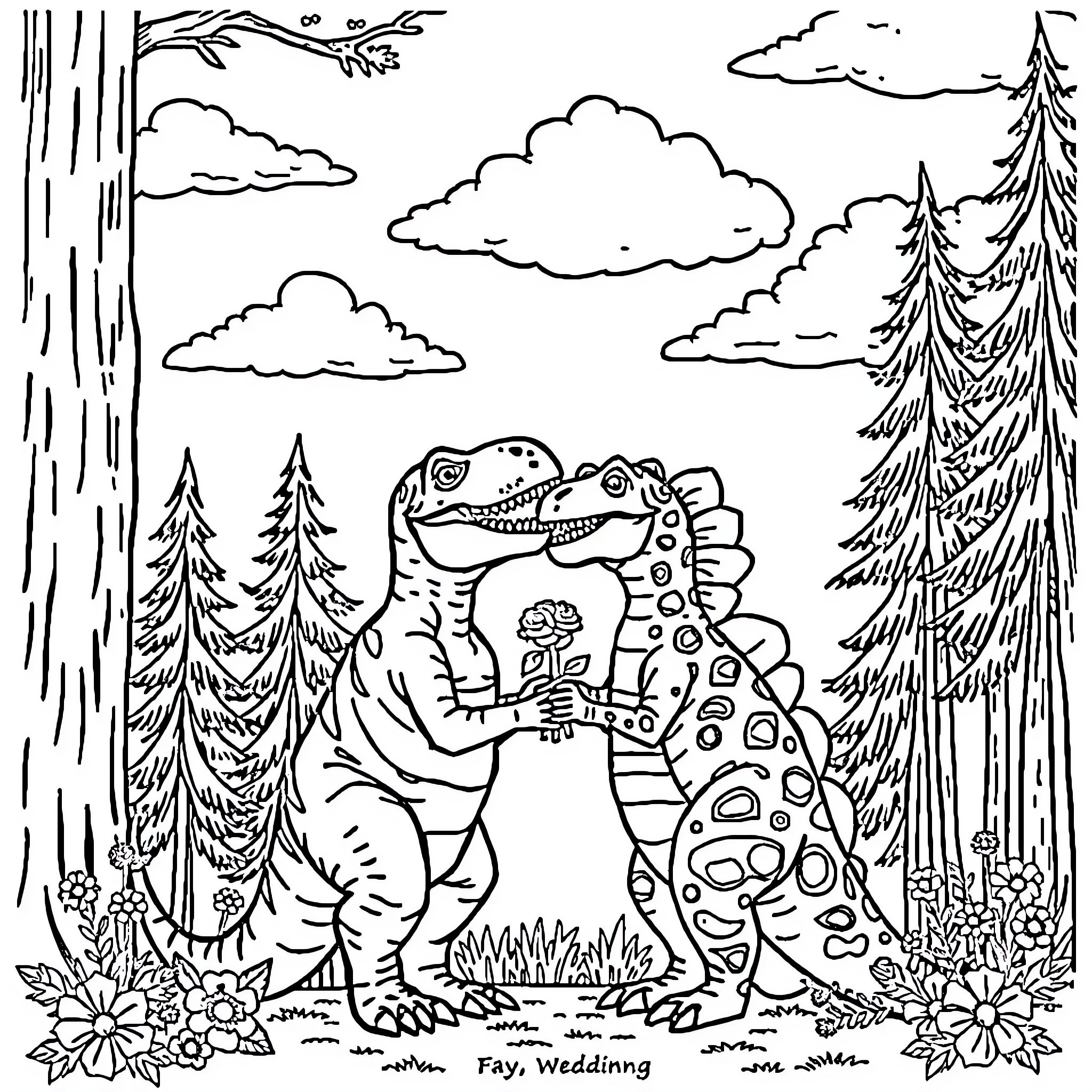 Dinosaur couple celebrating their wedding in the forest Coloring Page (free black-and-white line drawing printable PDF for all, from beginners to advanced learners, including children, teens, adults, and seniors)