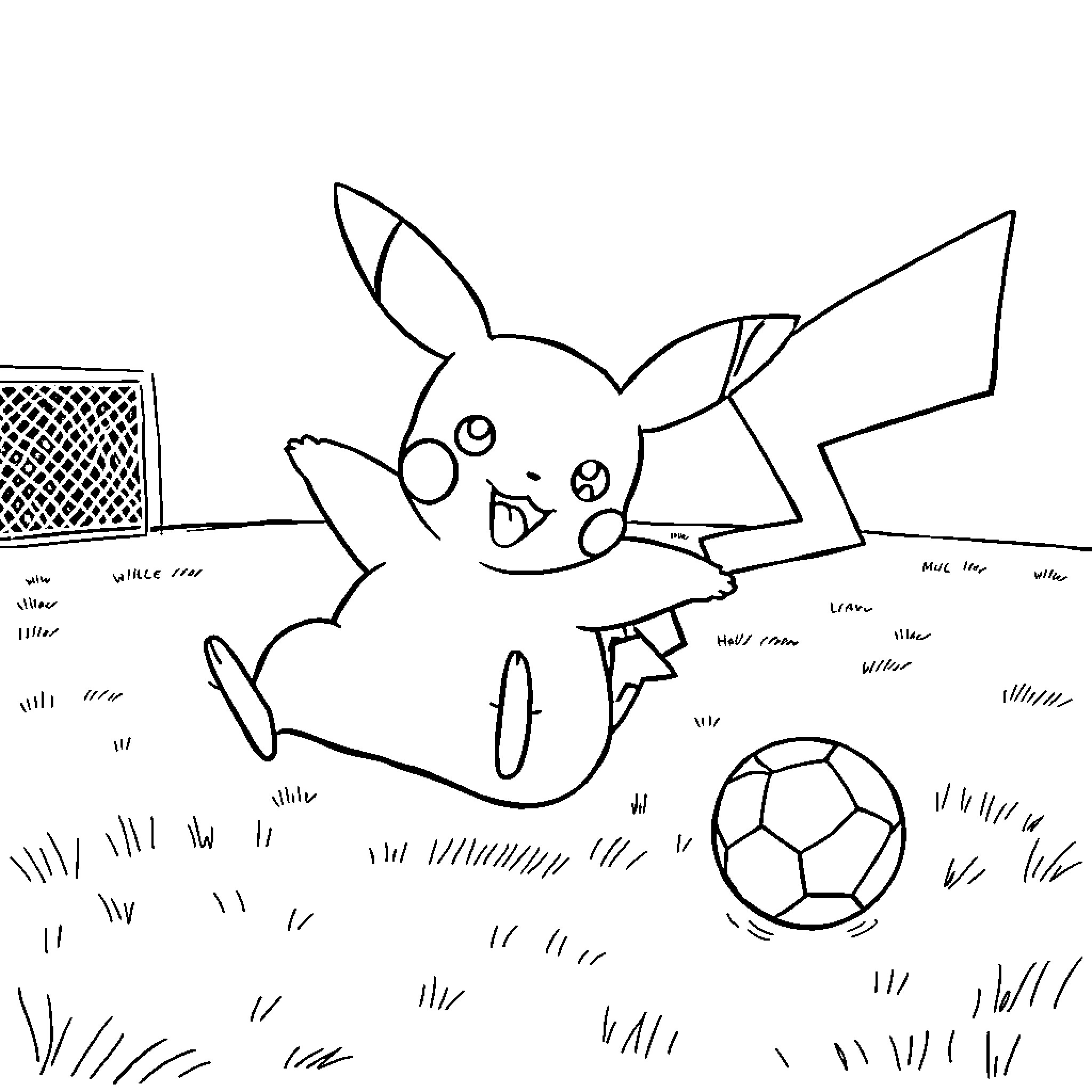 Pikachu playing soccer on the field Coloring Page (free black-and-white line drawing printable PDF for all, from beginners to advanced learners, including children, teens, adults, and seniors)