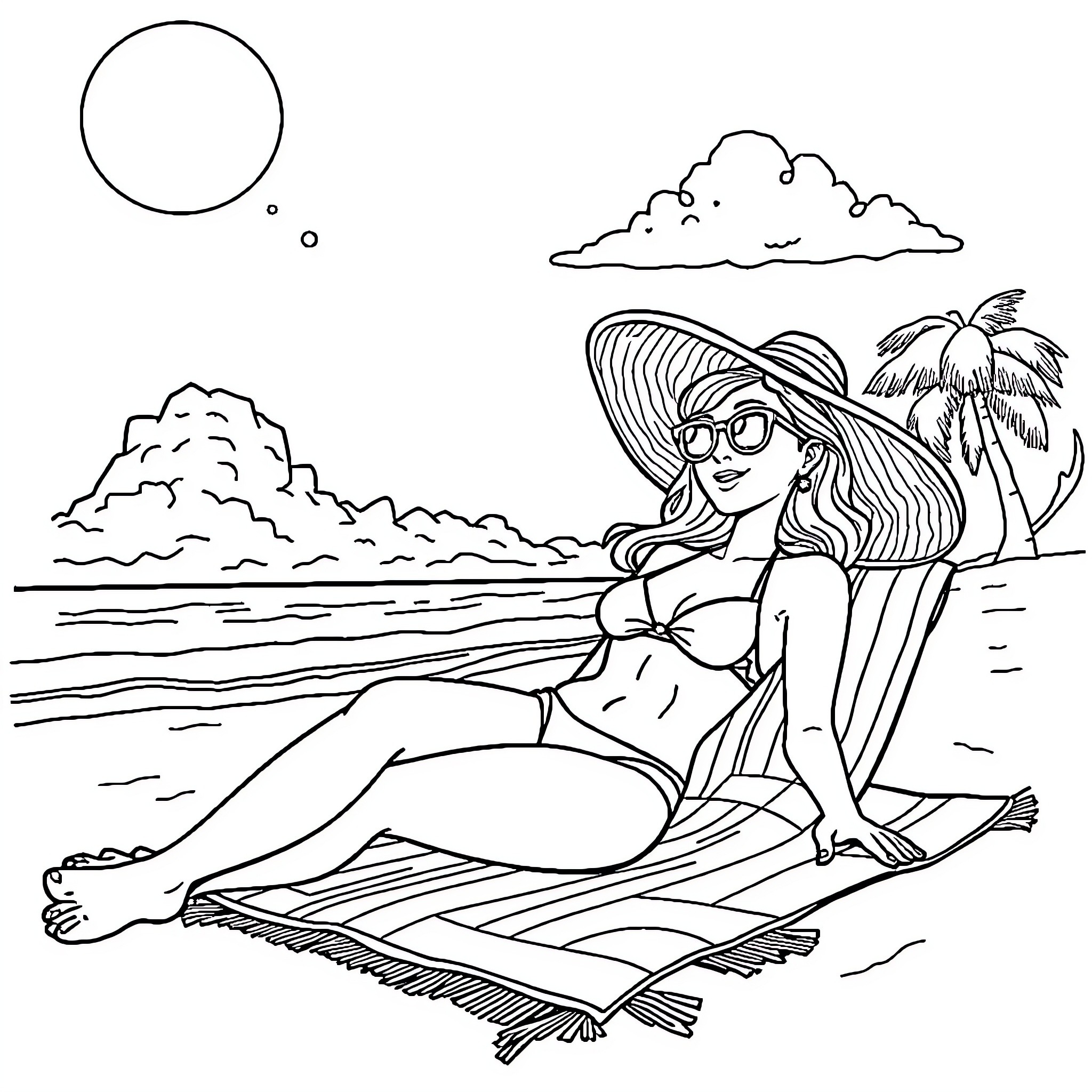 Gwen relaxing peacefully on the beach Coloring Page (free black-and-white line drawing printable PDF for all, from beginners to advanced learners, including children, teens, adults, and seniors)
