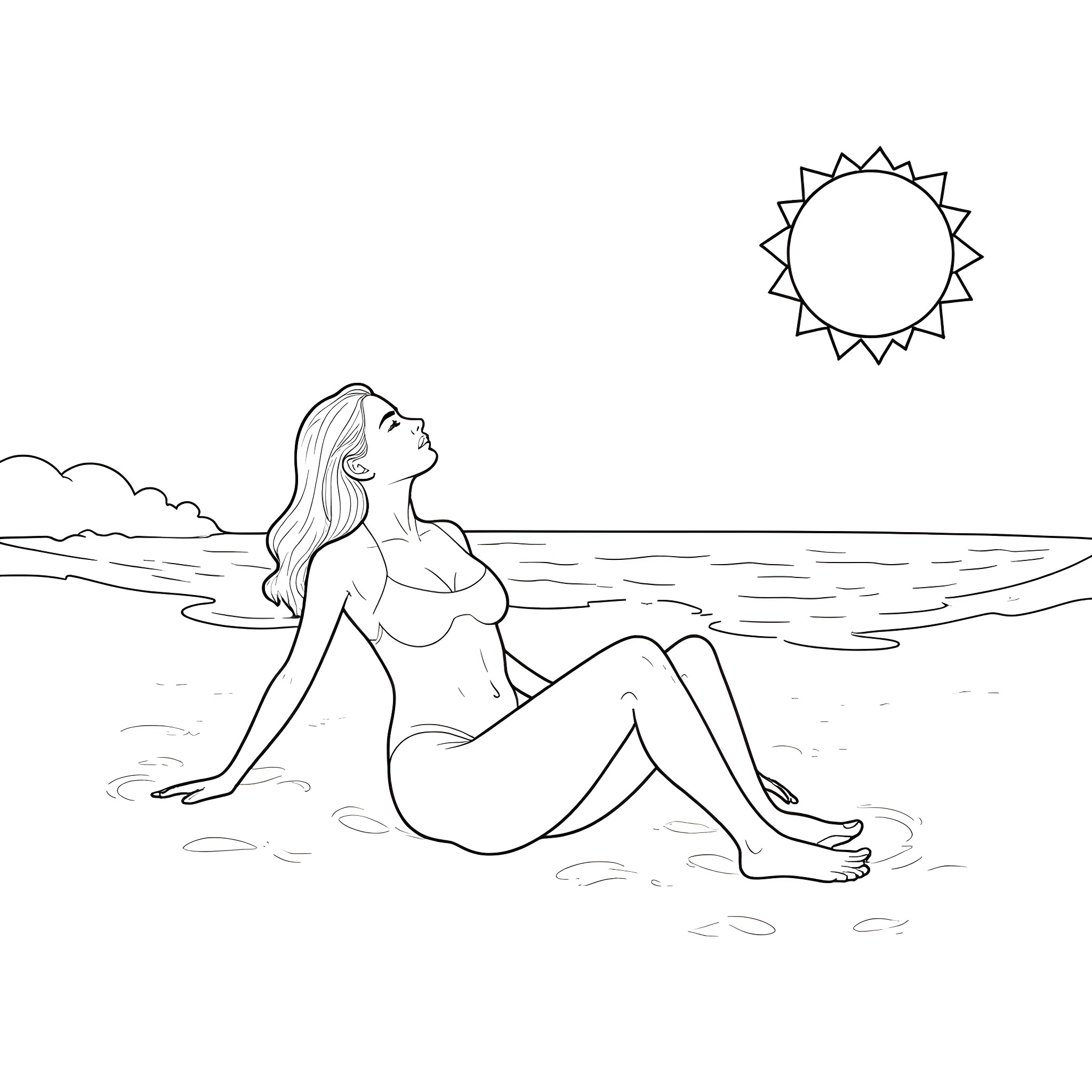 Angela White relaxing by the sea under the sun Coloring Page (free black-and-white line drawing printable PDF for all, from beginners to advanced learners, including children, teens, adults, and seniors)