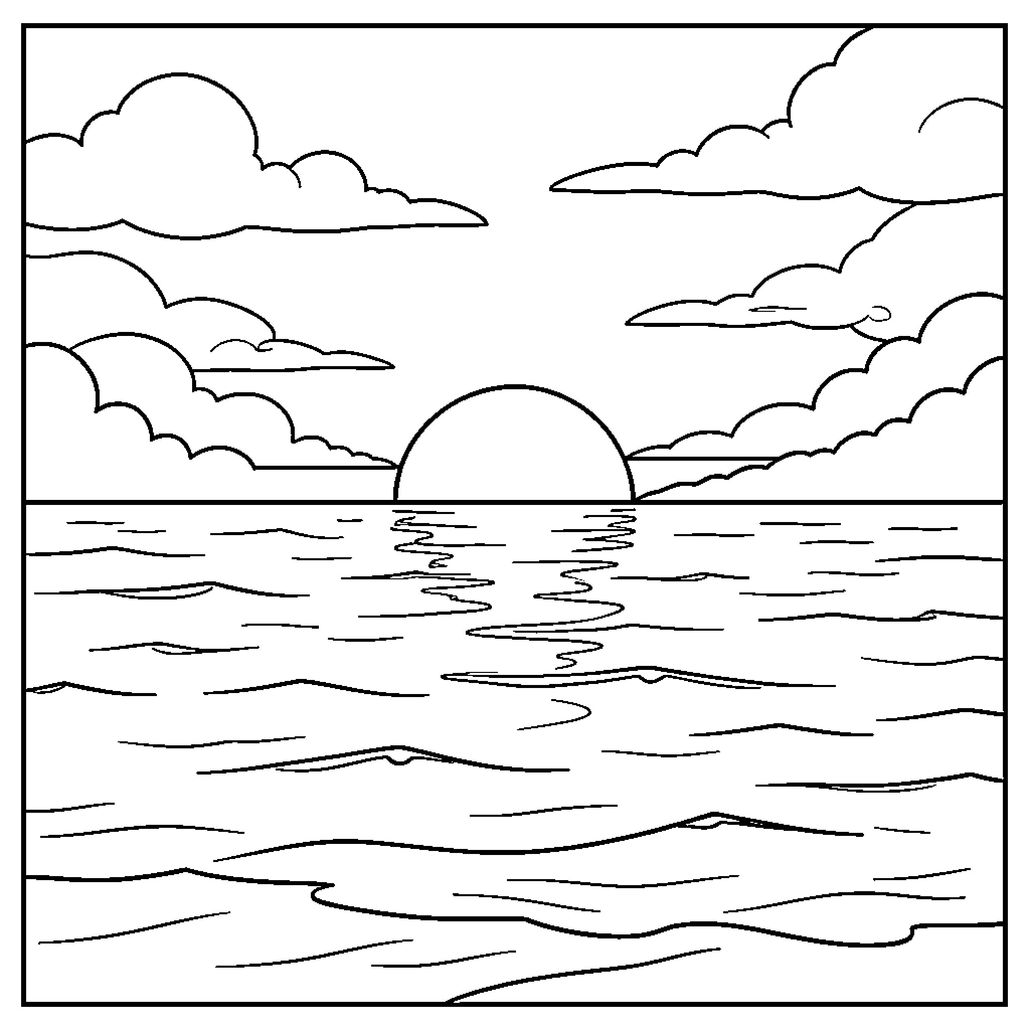 Beauty of a Serene Sunset by the Sea Coloring Page (free black-and-white line drawing printable PDF for all, from beginners to advanced learners, including children, teens, adults, and seniors)