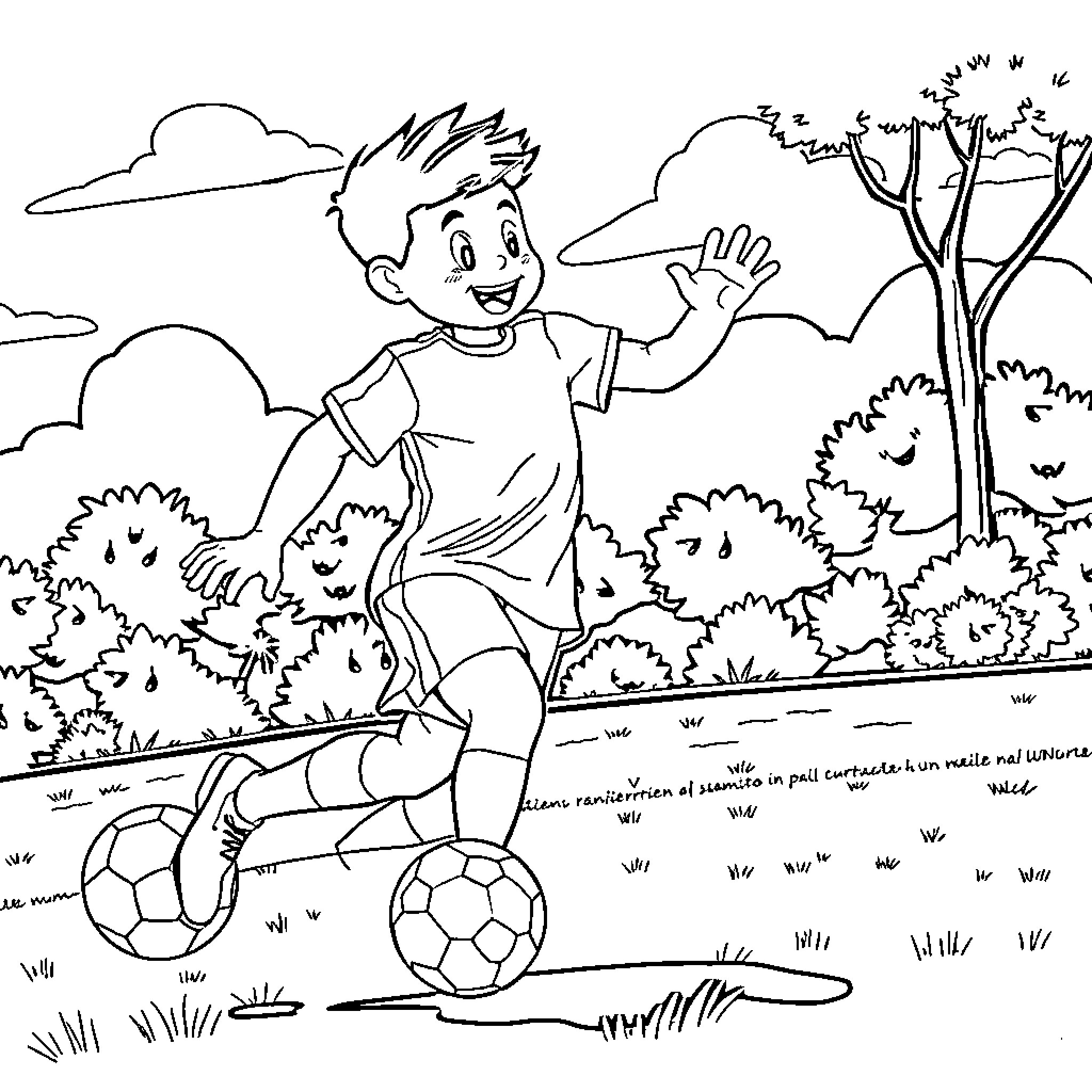 Labubu playing soccer happily in the park Coloring Page (free black-and-white line drawing printable PDF for all, from beginners to advanced learners, including children, teens, adults, and seniors)