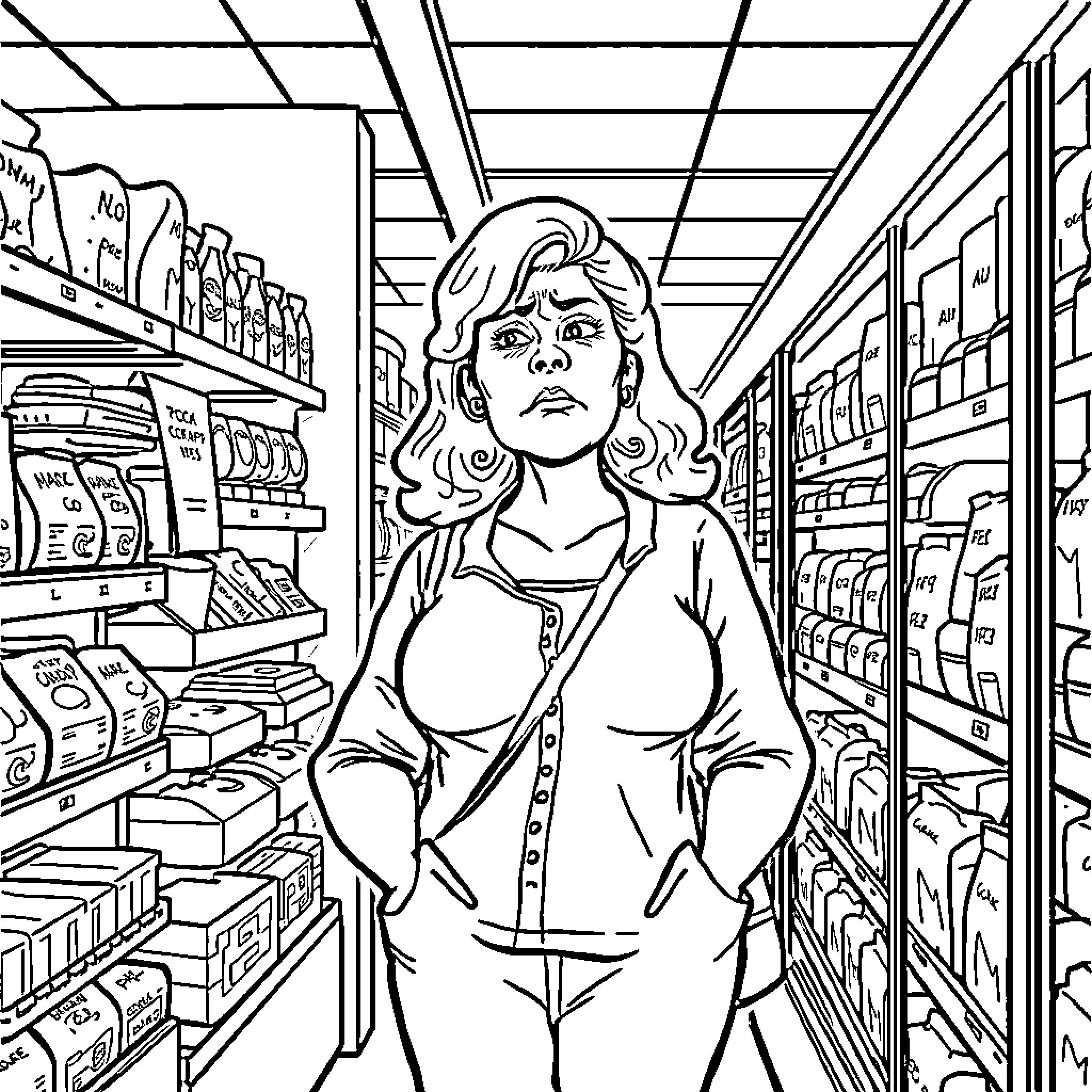 Lady in Grocery Store Aisle Coloring Page (free black-and-white line drawing printable PDF for all, from beginners to advanced learners, including children, teens, adults, and seniors)