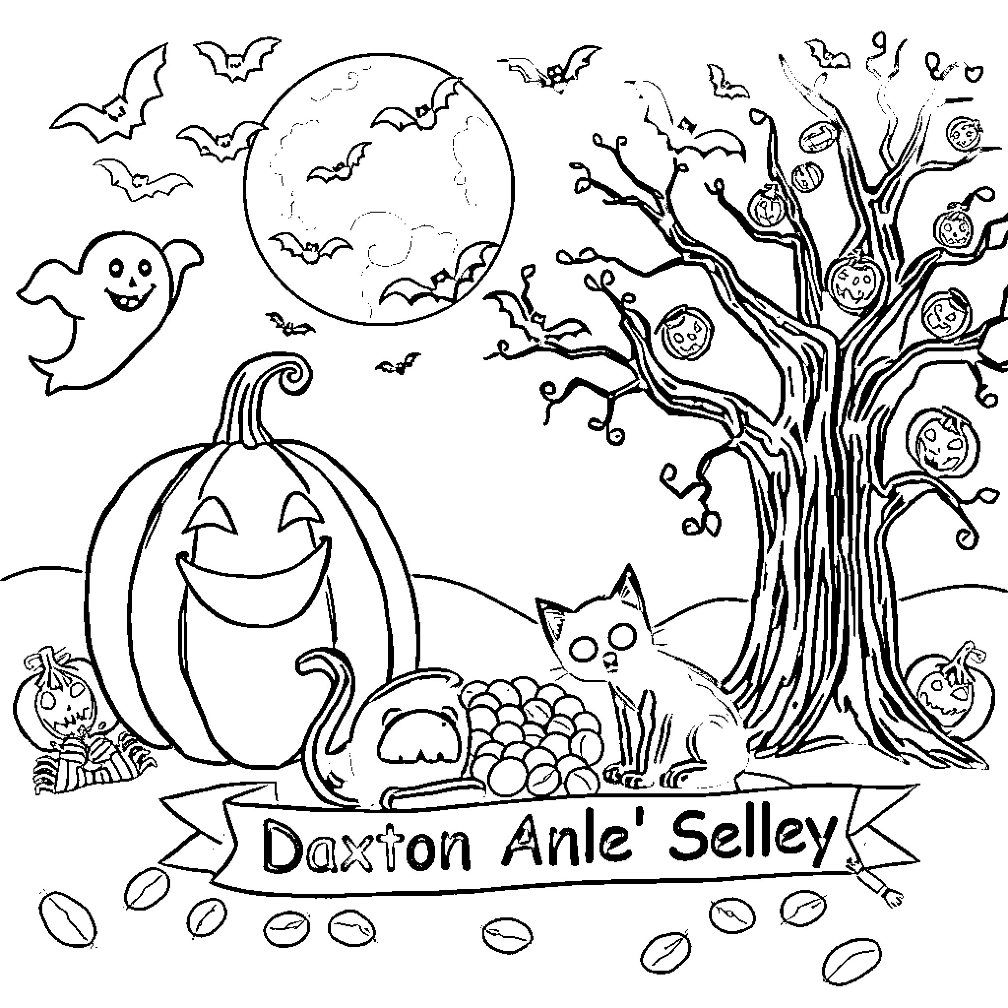 Halloween Spooky Celebration with Pumpkins and Bats Coloring Page (free black-and-white line drawing printable PDF for all, from beginners to advanced learners, including children, teens, adults, and seniors)