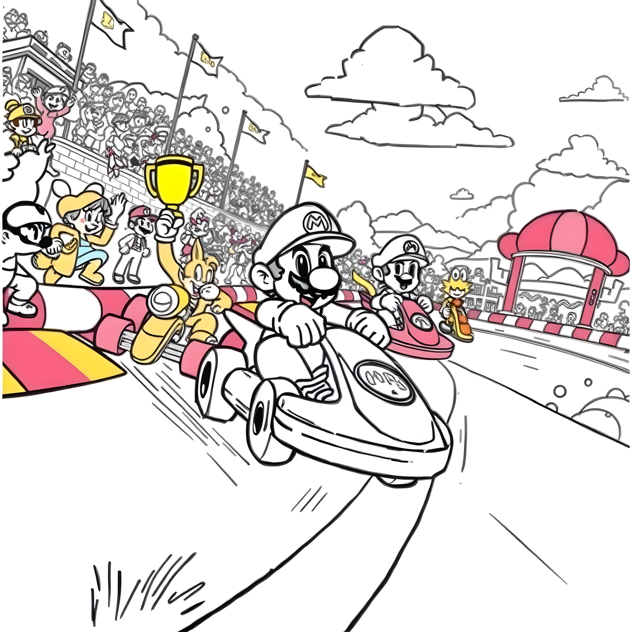 Mario Kart race with characters and vehicles on the track Coloring Page (free black-and-white line drawing printable PDF for all, from beginners to advanced learners, including children, teens, adults, and seniors)