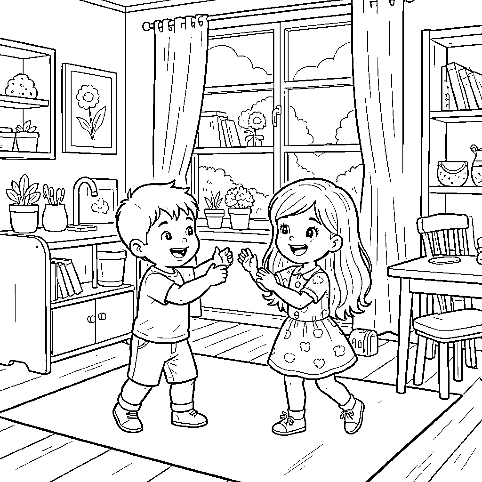 Child playing and dancing joyfully with a friend Coloring Page (free black-and-white line drawing printable PDF for all, from beginners to advanced learners, including children, teens, adults, and seniors)