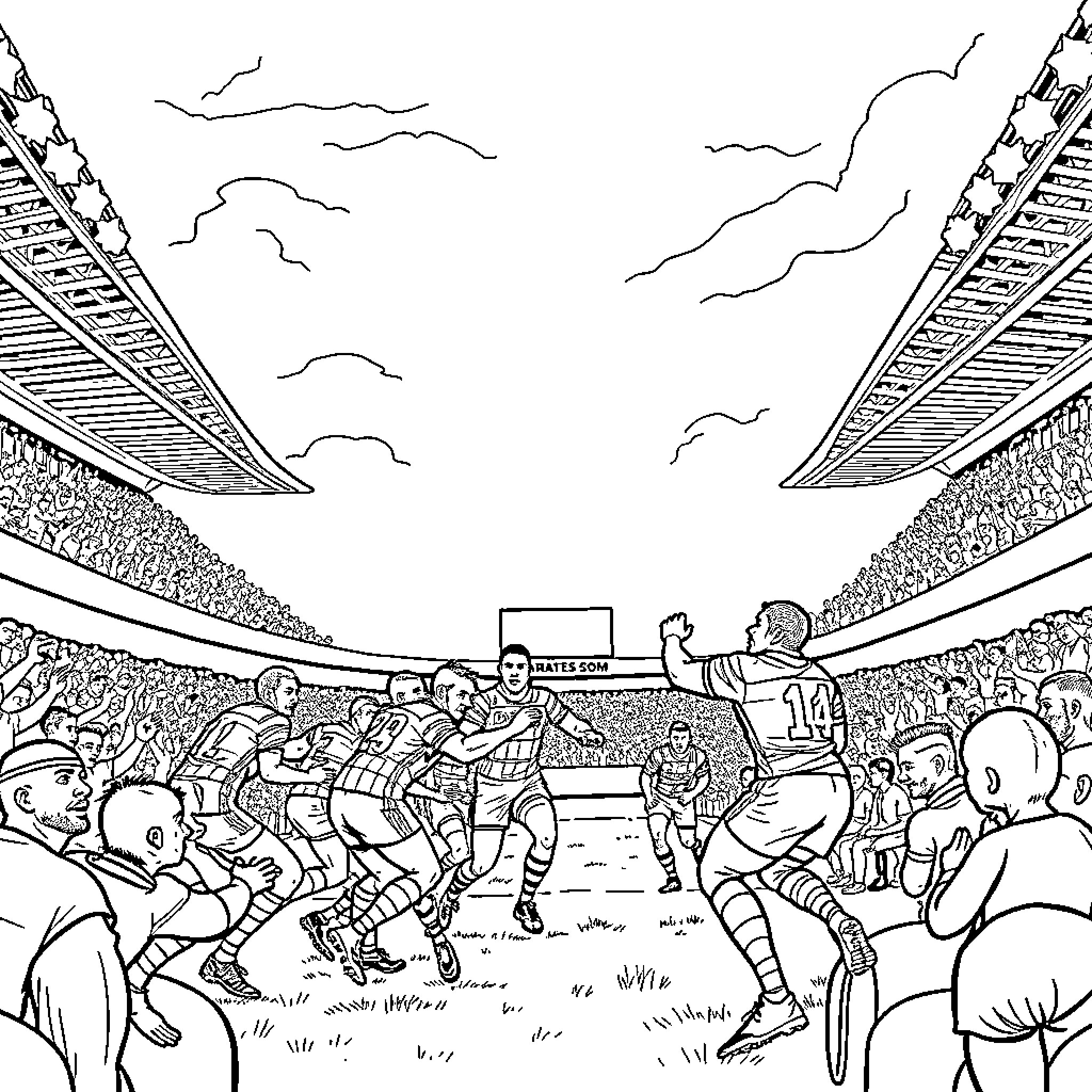 Wigan Warriors in intense rugby match on field Coloring Page (free black-and-white line drawing printable PDF for all, from beginners to advanced learners, including children, teens, adults, and seniors)