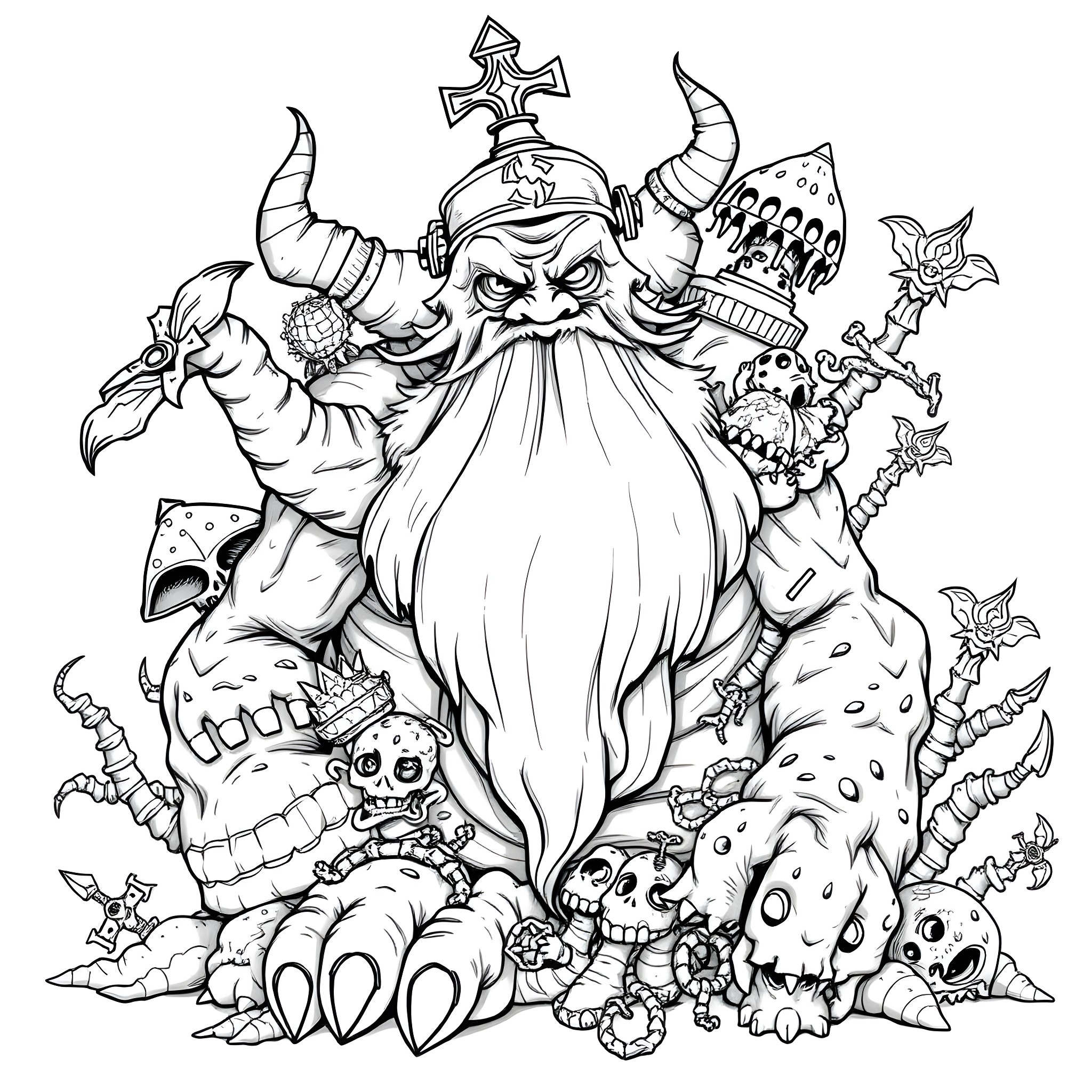 Papa Nurgle Surrounded by Twisted Demonic Entities Coloring Page (free black-and-white line drawing printable PDF for all, from beginners to advanced learners, including children, teens, adults, and seniors)