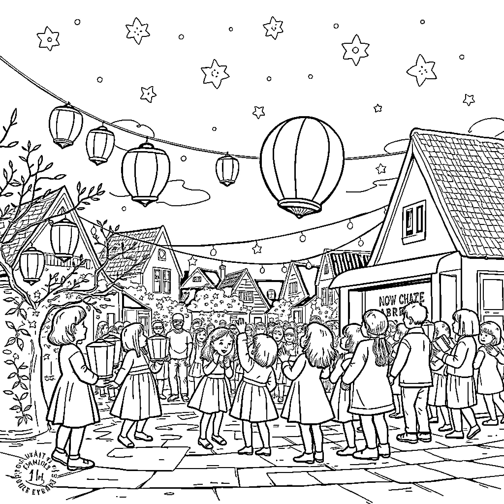 Sint Maarten's festive evening market with lanterns Coloring Page (free black-and-white line drawing printable PDF for all, from beginners to advanced learners, including children, teens, adults, and seniors)