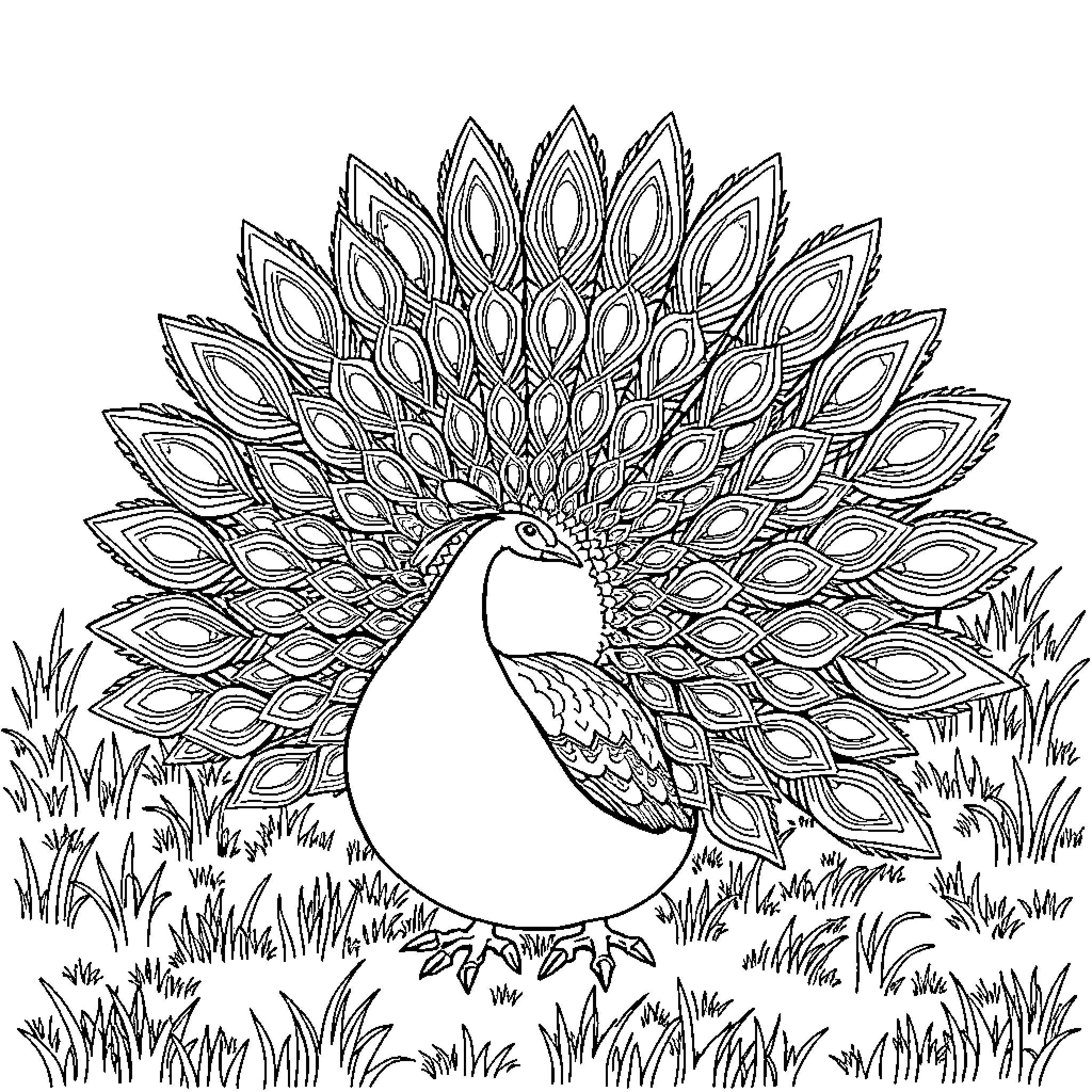 Peacock displaying its majestic feathers in a serene setting Coloring Page (free black-and-white line drawing printable PDF for all, from beginners to advanced learners, including children, teens, adults, and seniors)