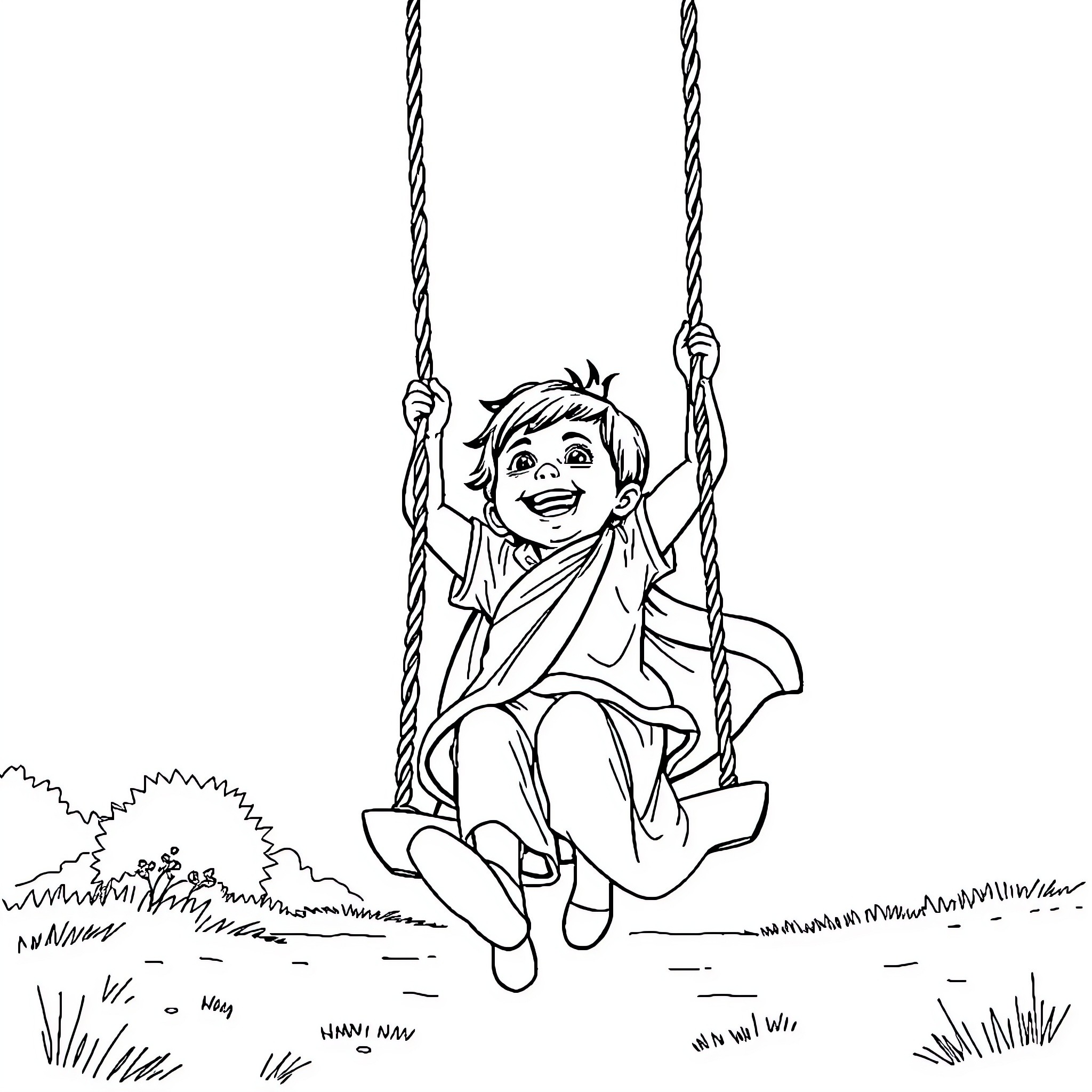 Child happily swinging on a rope in the park Coloring Page (free black-and-white line drawing printable PDF for all, from beginners to advanced learners, including children, teens, adults, and seniors)