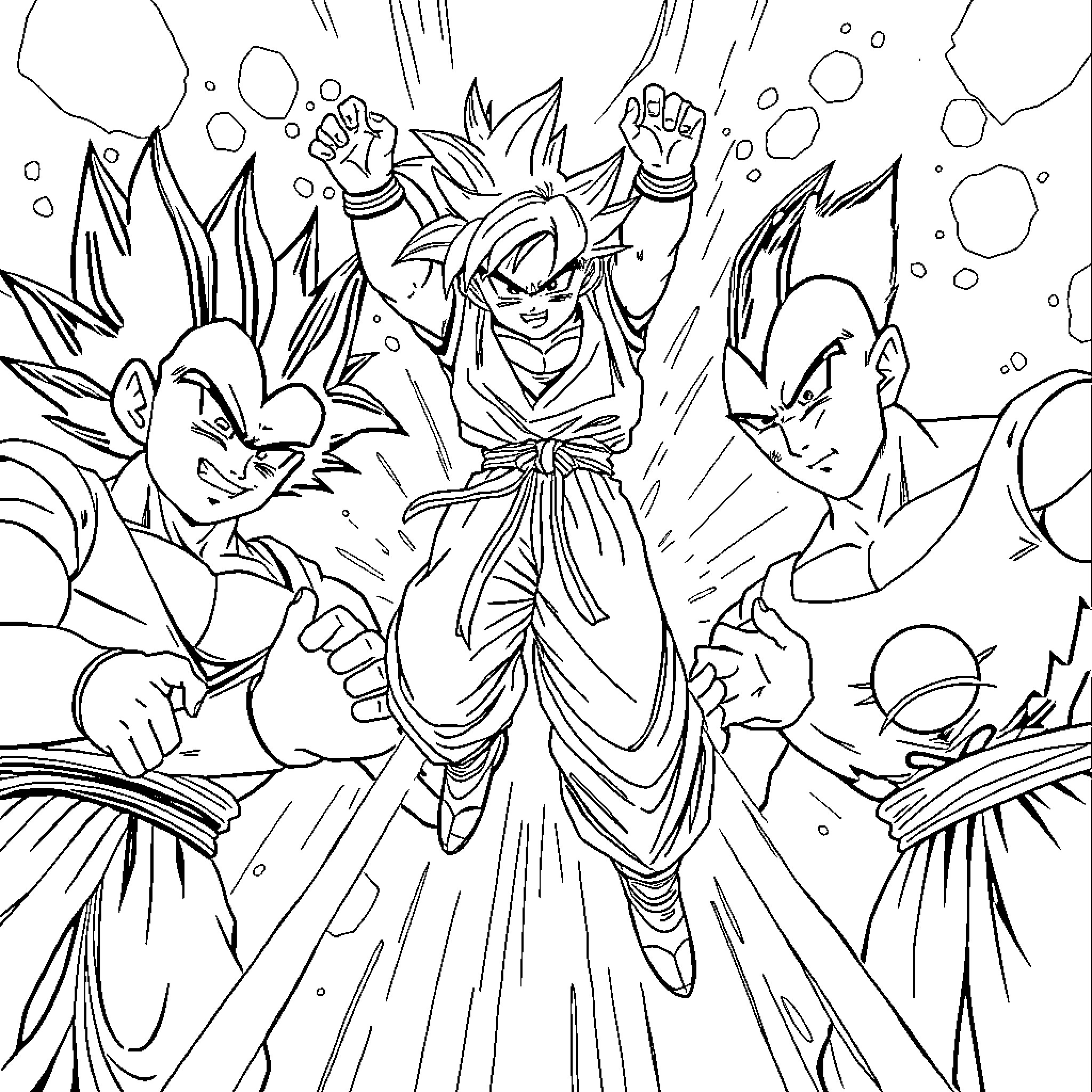 Dragon Ball Characters Engaging in Action Coloring Page (free black-and-white line drawing printable PDF for all, from beginners to advanced learners, including children, teens, adults, and seniors)