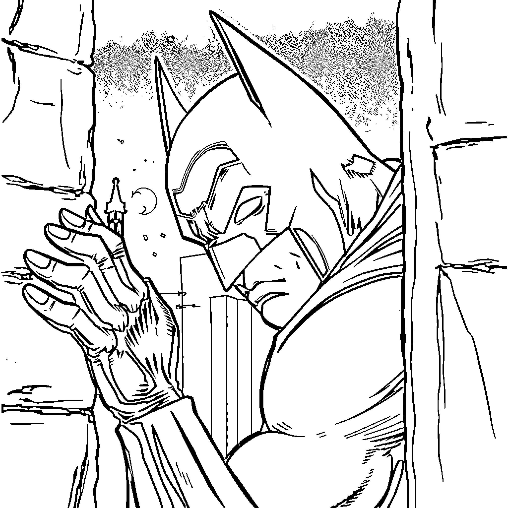 Batman confronting a threatening opponent Coloring Page (free black-and-white line drawing printable PDF for all, from beginners to advanced learners, including children, teens, adults, and seniors)
