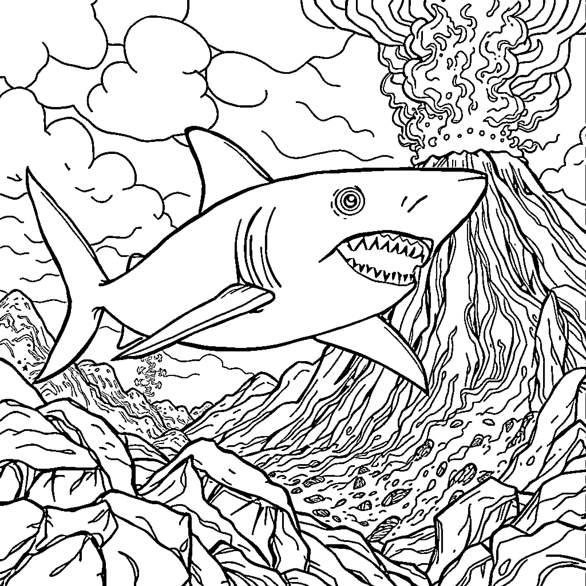 Shark swimming through stormy seas Coloring Page (free black-and-white line drawing printable PDF for all, from beginners to advanced learners, including children, teens, adults, and seniors)