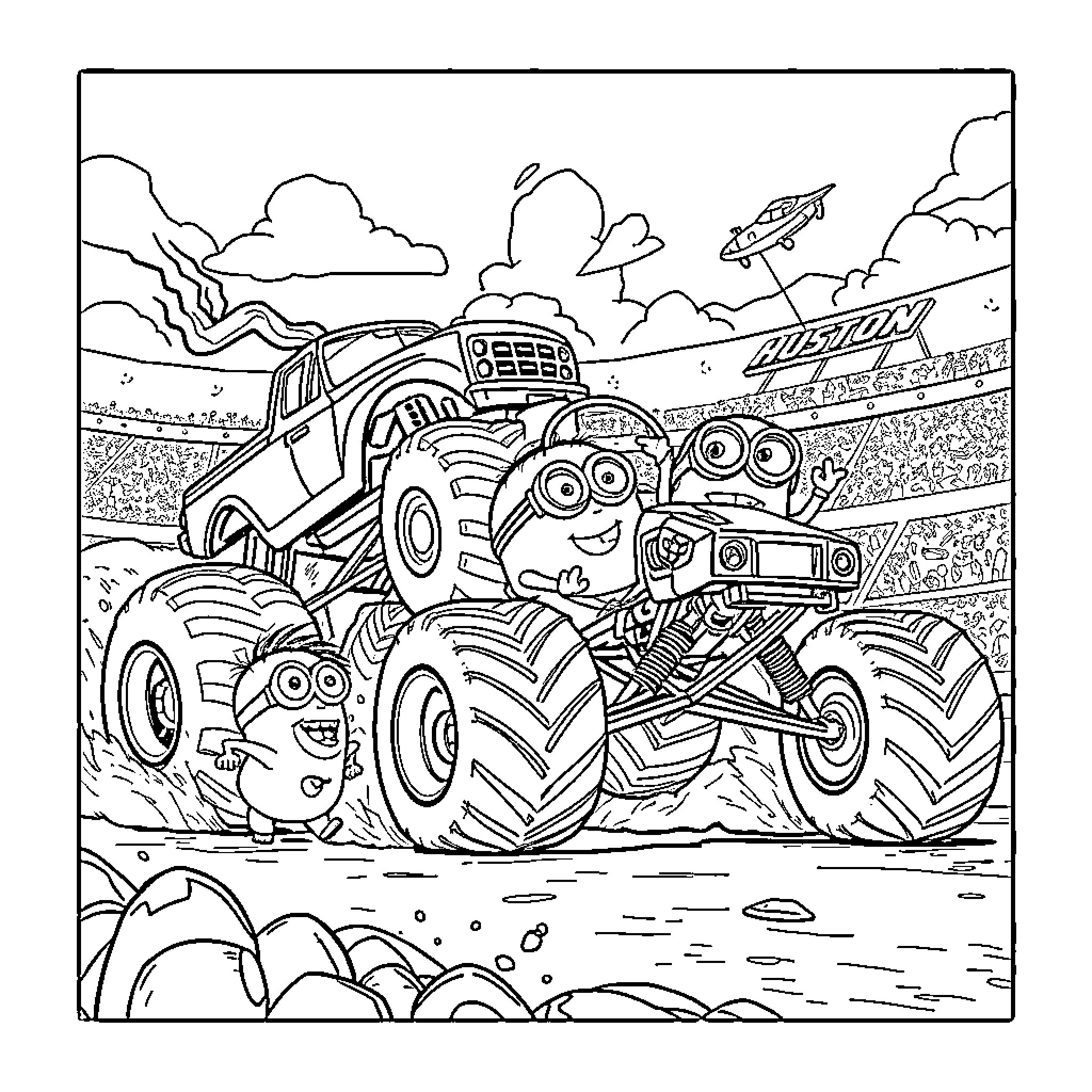 Minion Monster Trucks in an Exciting Race Coloring Page (free black-and-white line drawing printable PDF for all, from beginners to advanced learners, including children, teens, adults, and seniors)