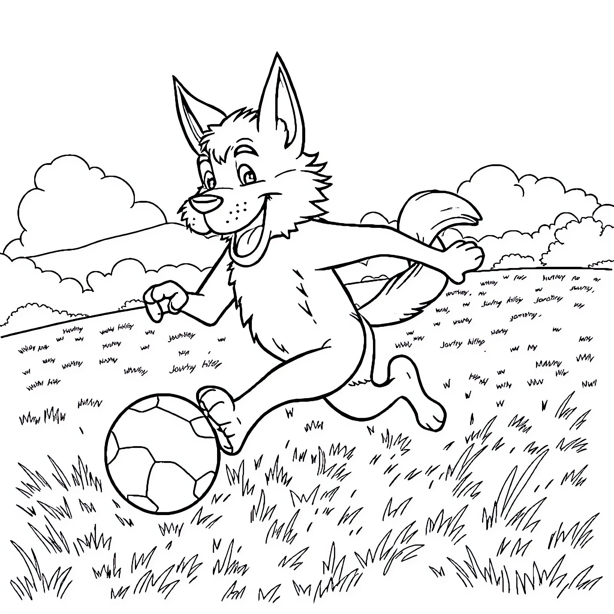 Huntrix Playing Happily with Soccer Ball in Grassy Field Coloring Page (free black-and-white line drawing printable PDF for all, from beginners to advanced learners, including children, teens, adults, and seniors)