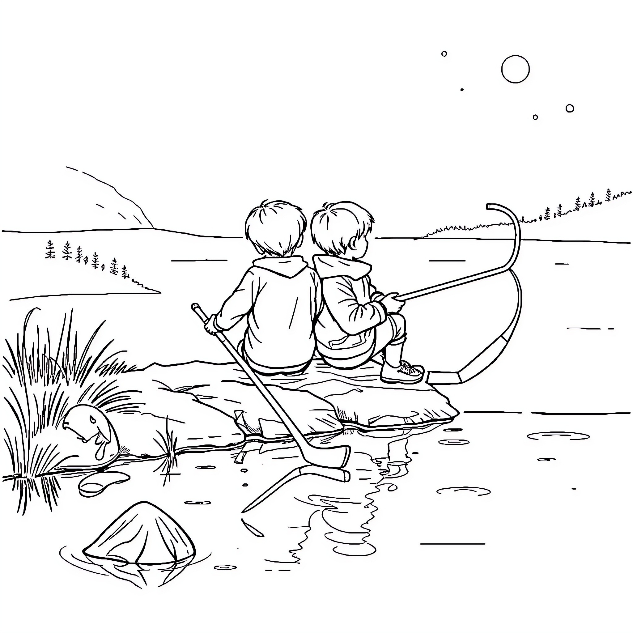 Boys fishing on the river bank Coloring Page (free black-and-white line drawing printable PDF for all, from beginners to advanced learners, including children, teens, adults, and seniors)