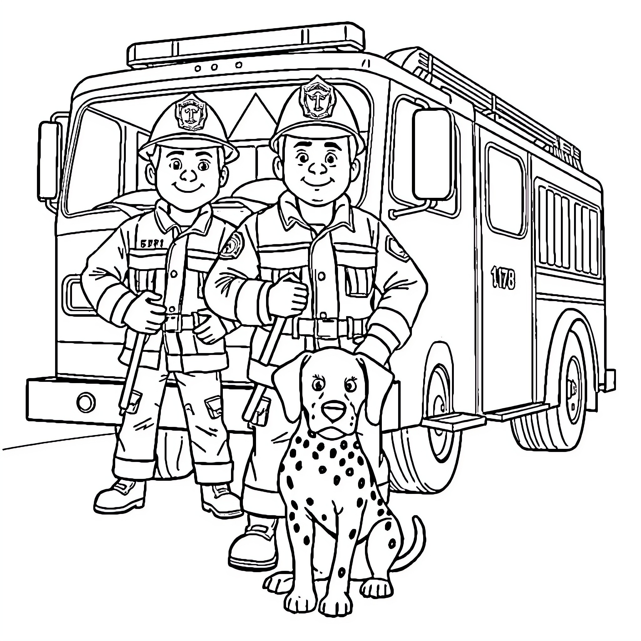 Firefighters and their Dalmatian companion Coloring Page (free black-and-white line drawing printable PDF for all, from beginners to advanced learners, including children, teens, adults, and seniors)