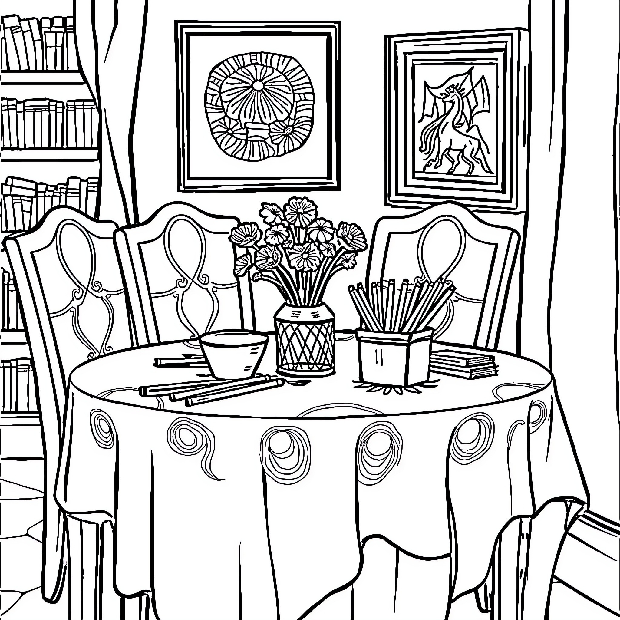 Cartoline of a Cozy Home Dining Room Coloring Page (free black-and-white line drawing printable PDF for all, from beginners to advanced learners, including children, teens, adults, and seniors)